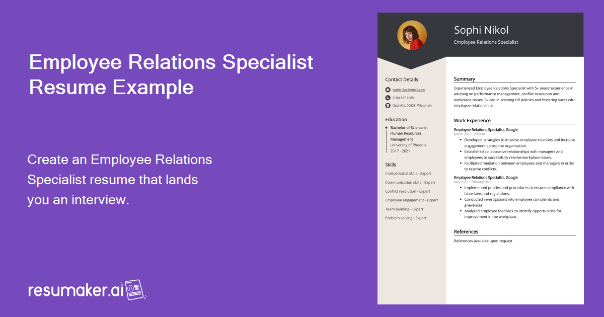 Employee Relations Specialist Resume Example For 2024