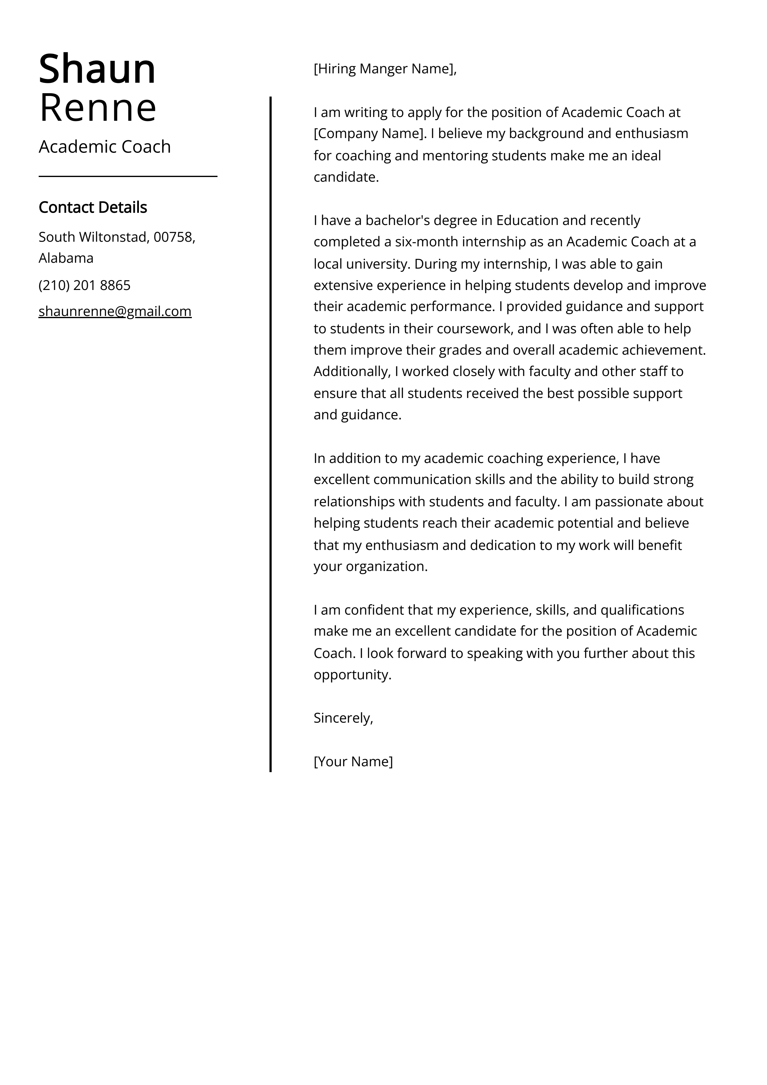 Academic Coach Cover Letter Example