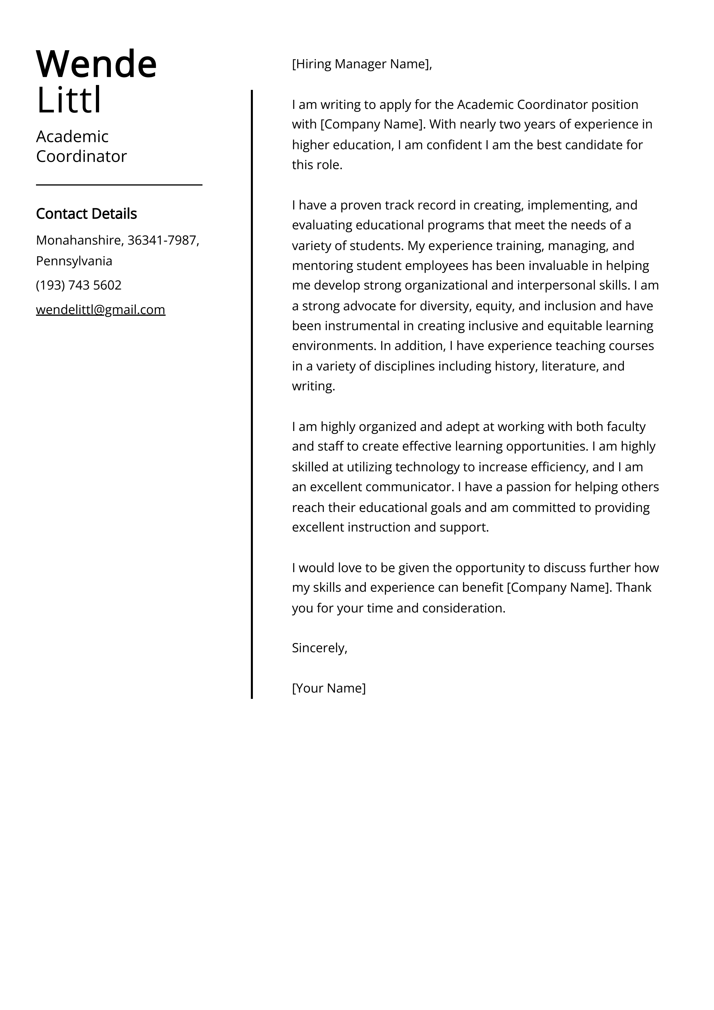 Academic Coordinator Cover Letter Example