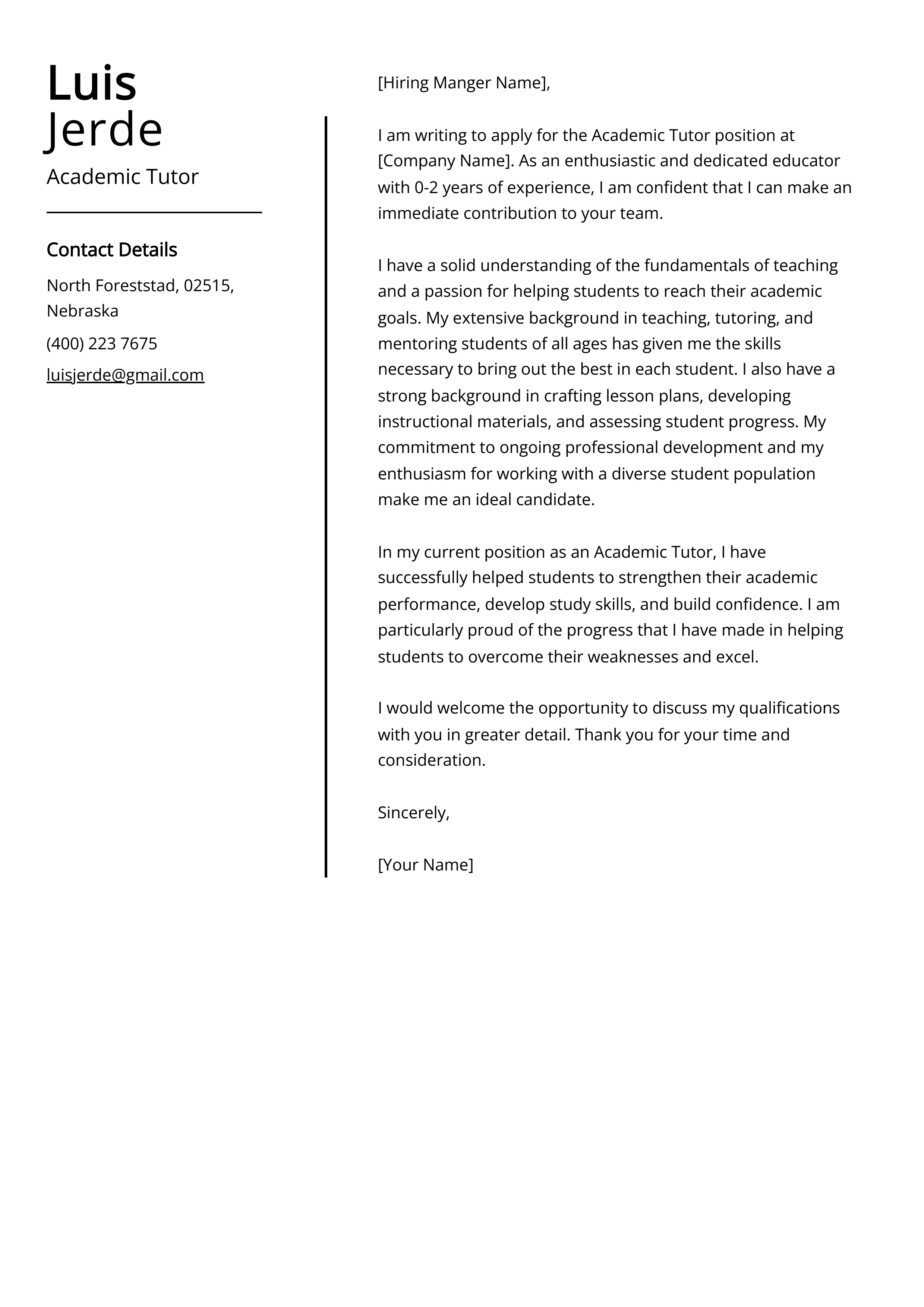 Academic Tutor Cover Letter Example