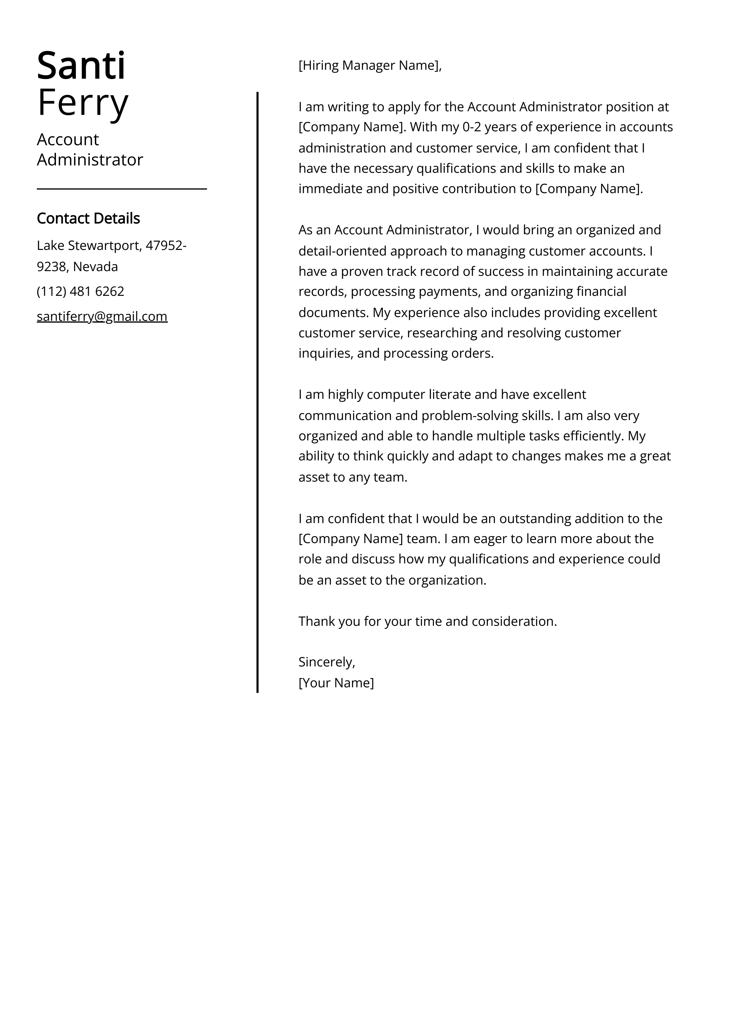 Account Administrator Cover Letter Example