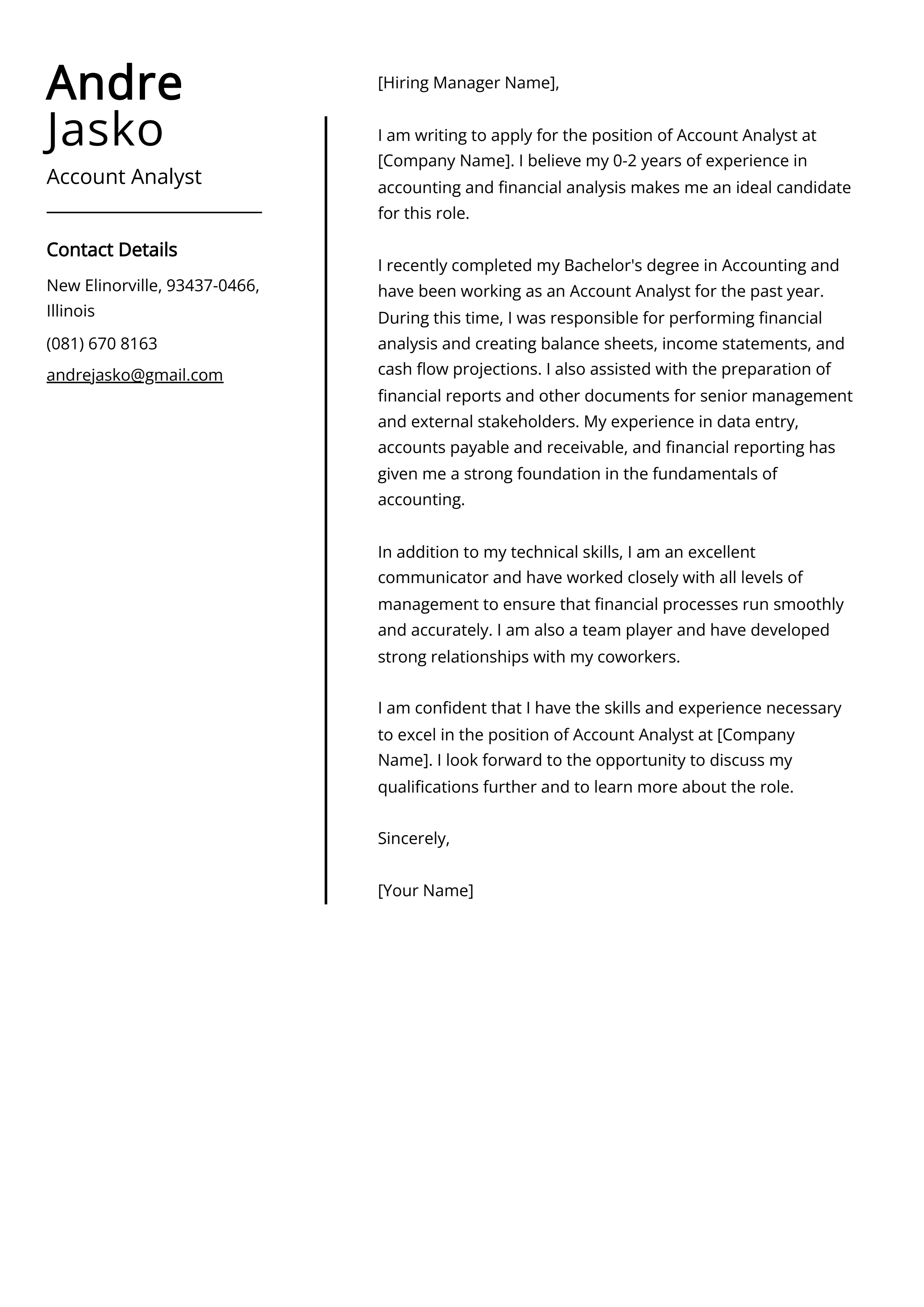 Account Analyst Cover Letter Example