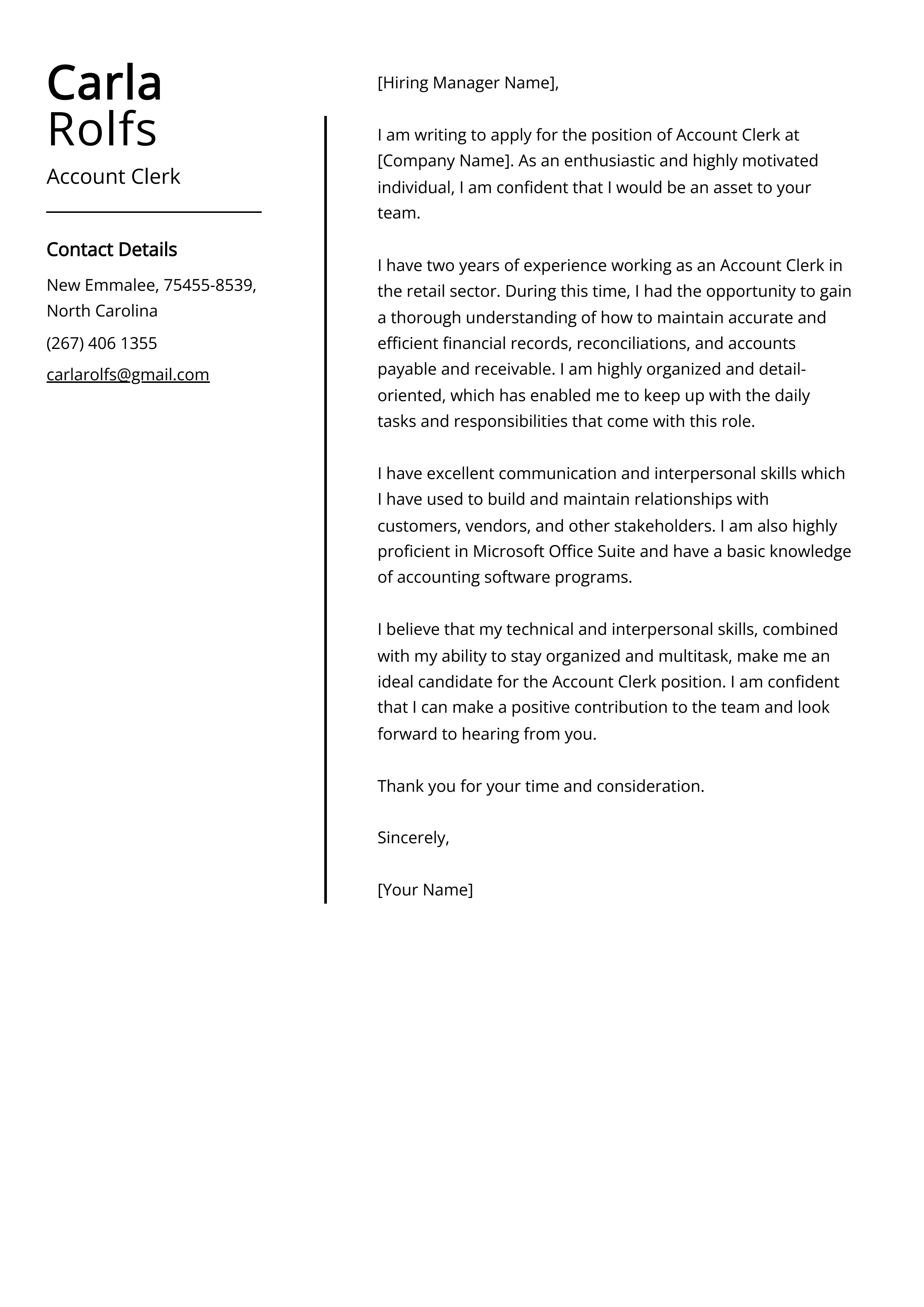 Account Clerk Cover Letter Example