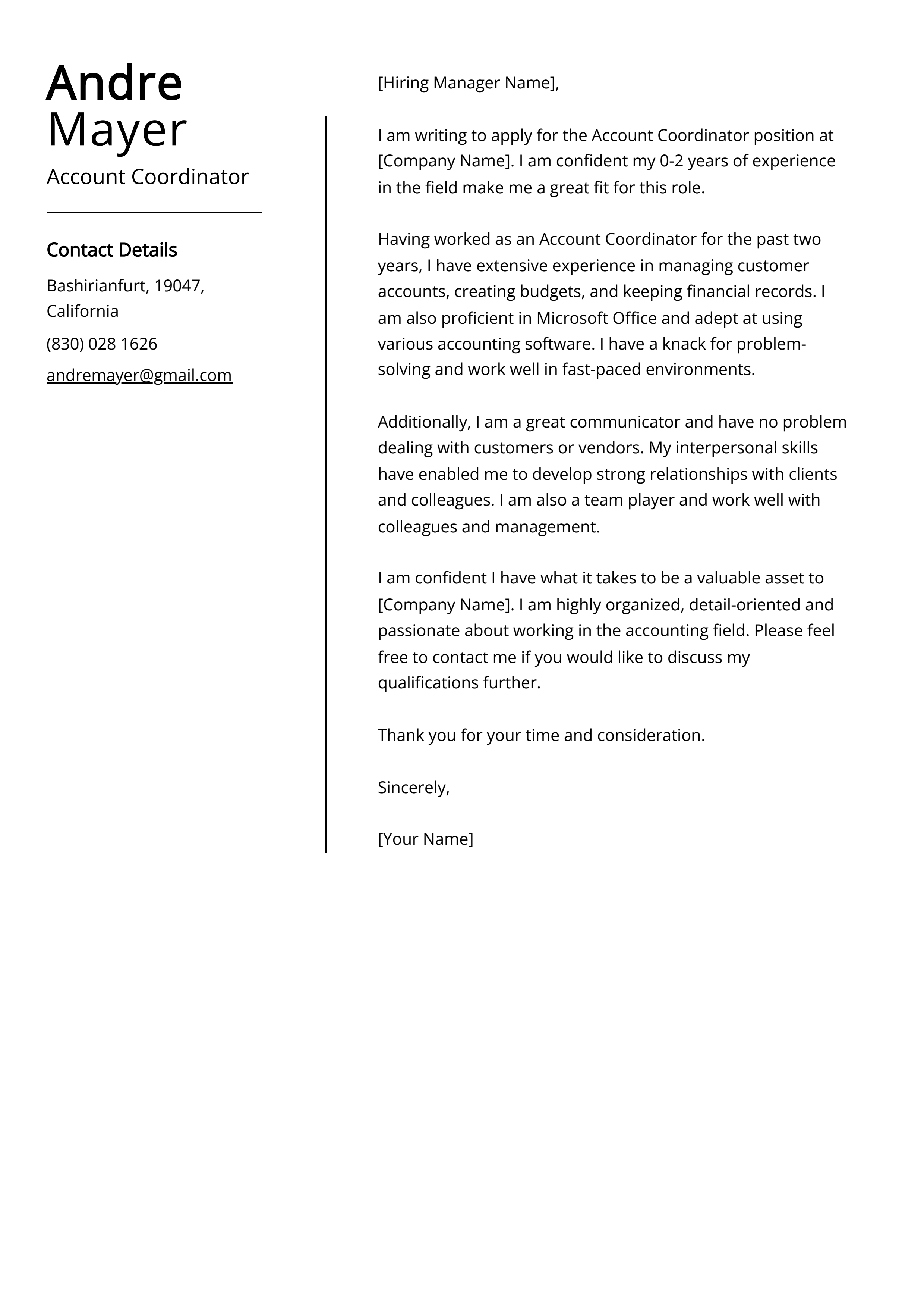 Account Coordinator Cover Letter Example