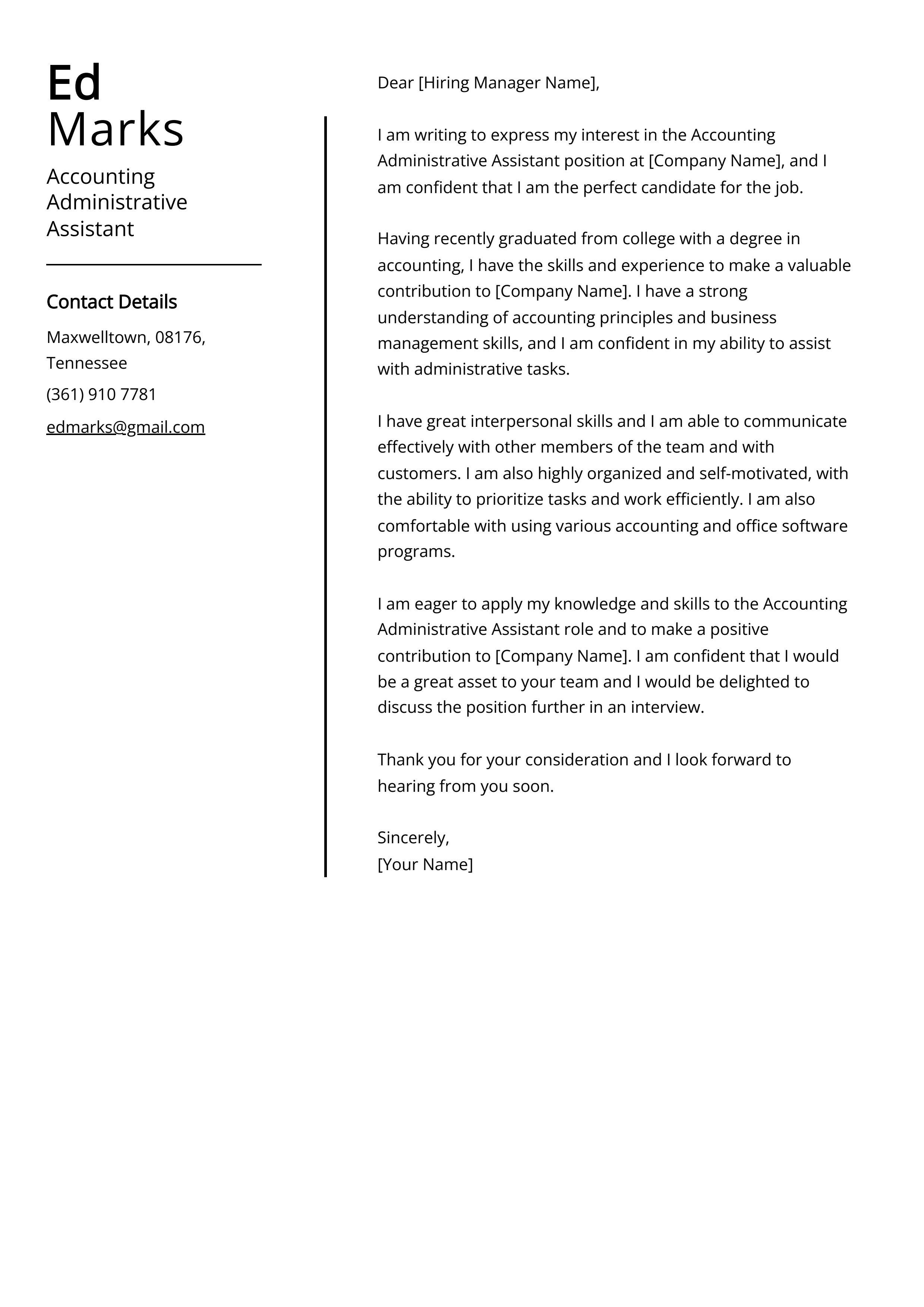 Accounting Administrative Assistant Cover Letter Example