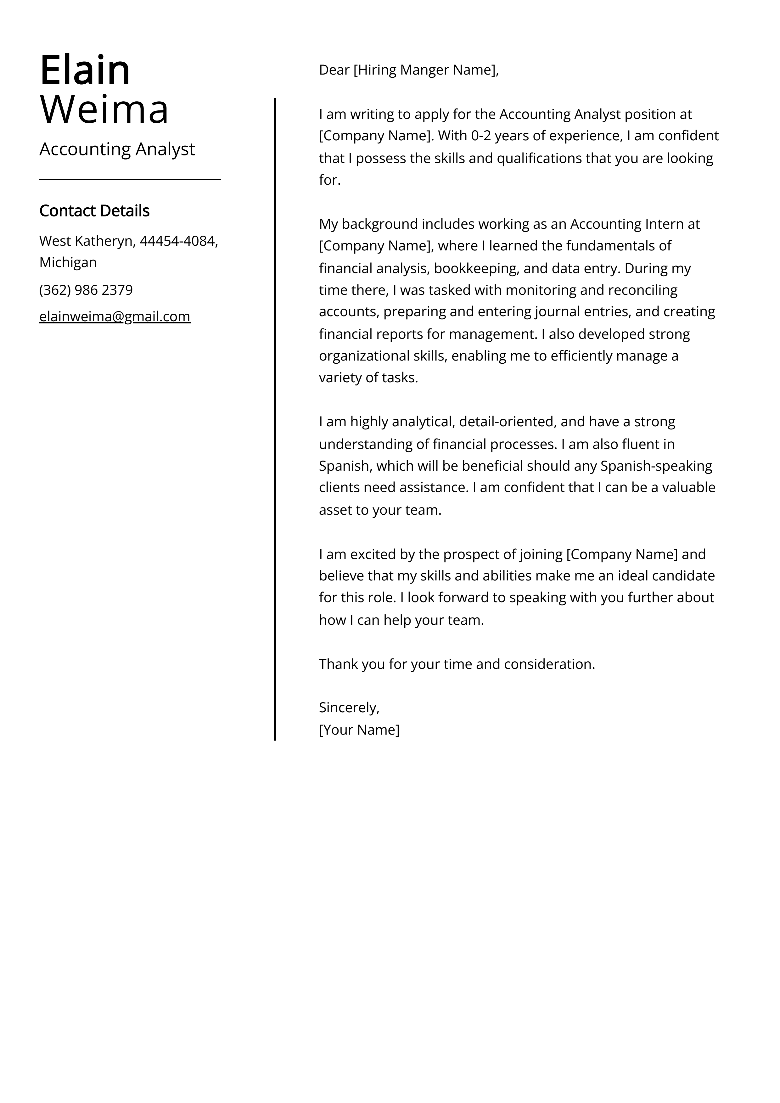 Accounting Analyst Cover Letter Example