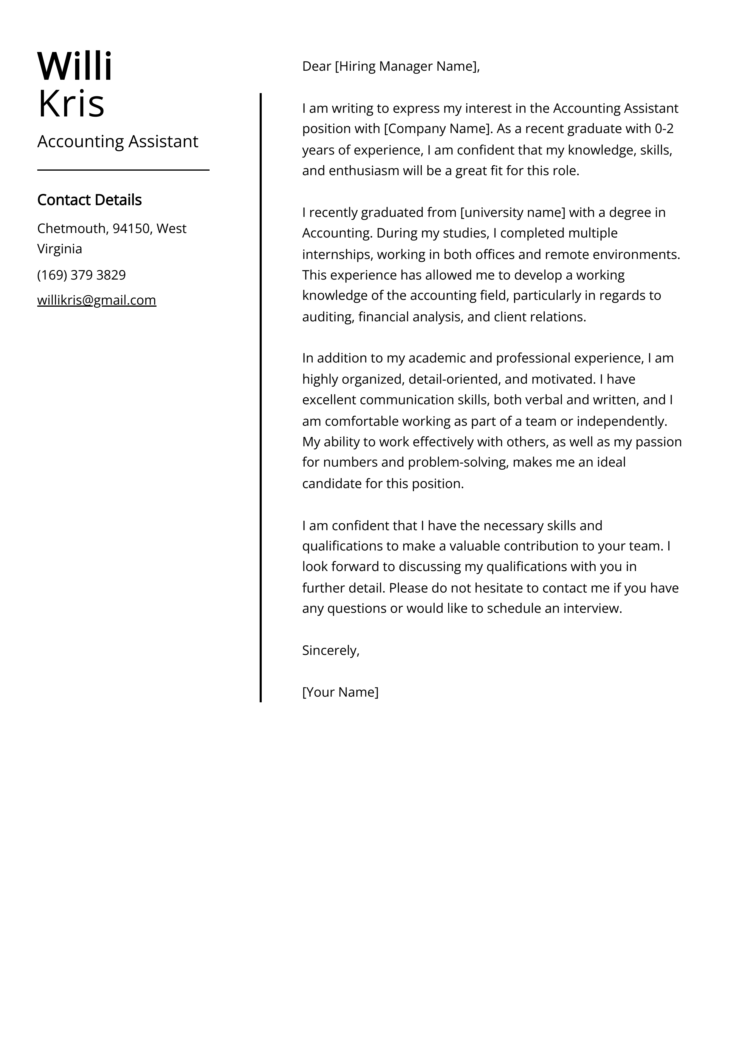 Accounting Assistant Cover Letter Example
