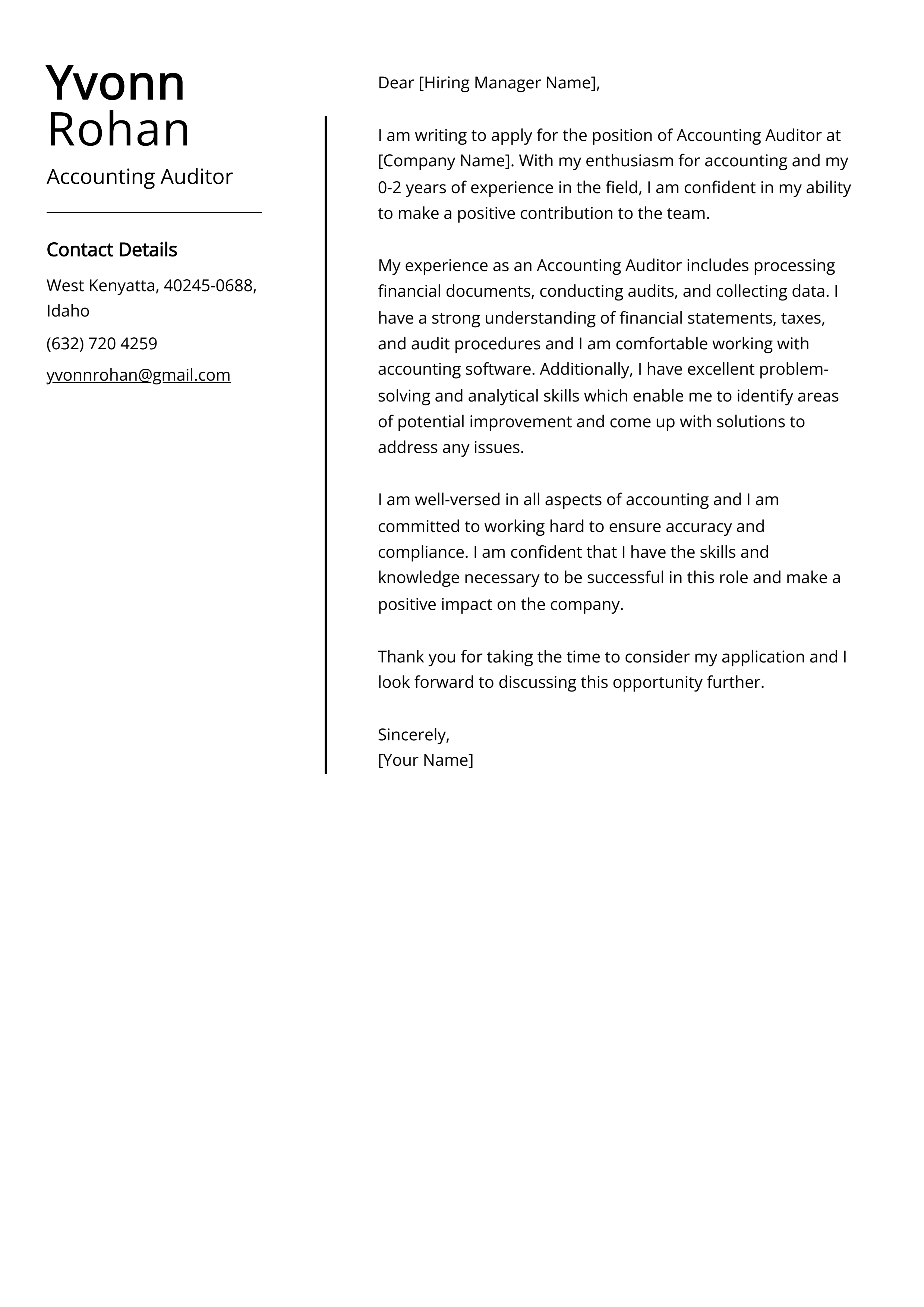 Accounting Auditor Cover Letter Example