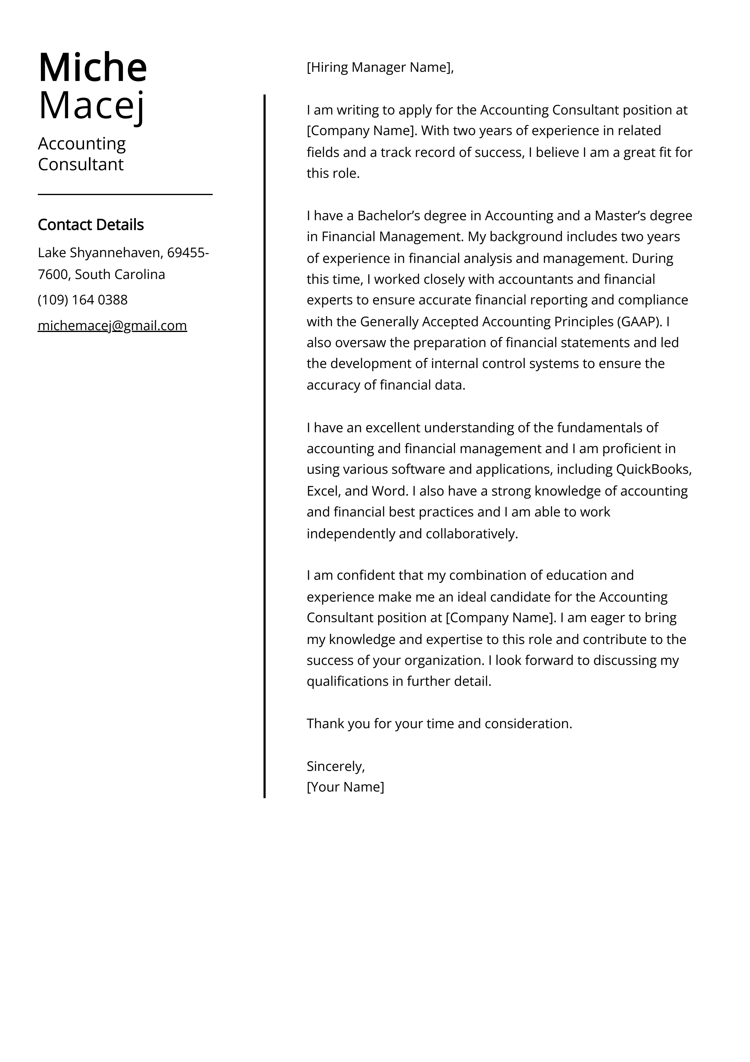 Accounting Consultant Cover Letter Example