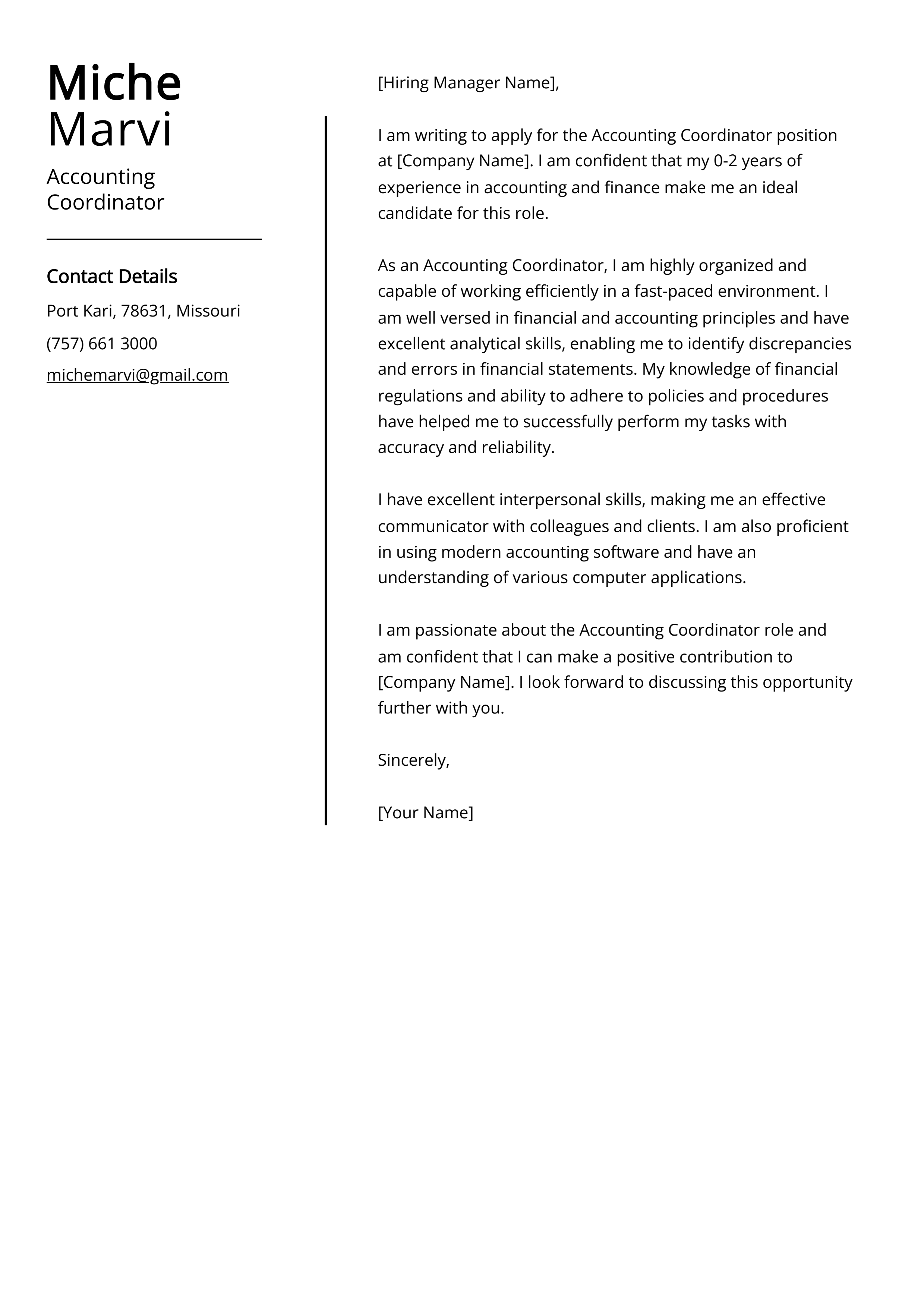 Accounting Coordinator Cover Letter Example