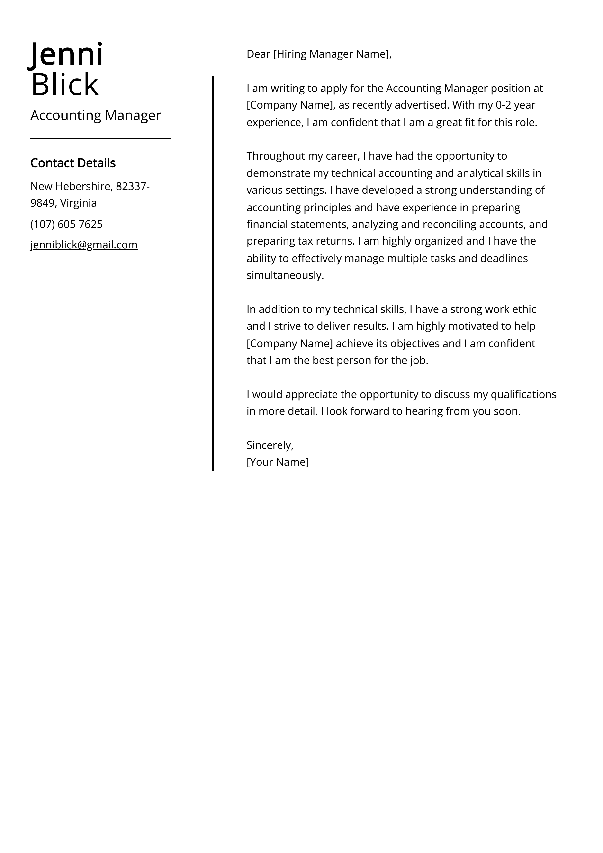 Accounting Manager Cover Letter Example
