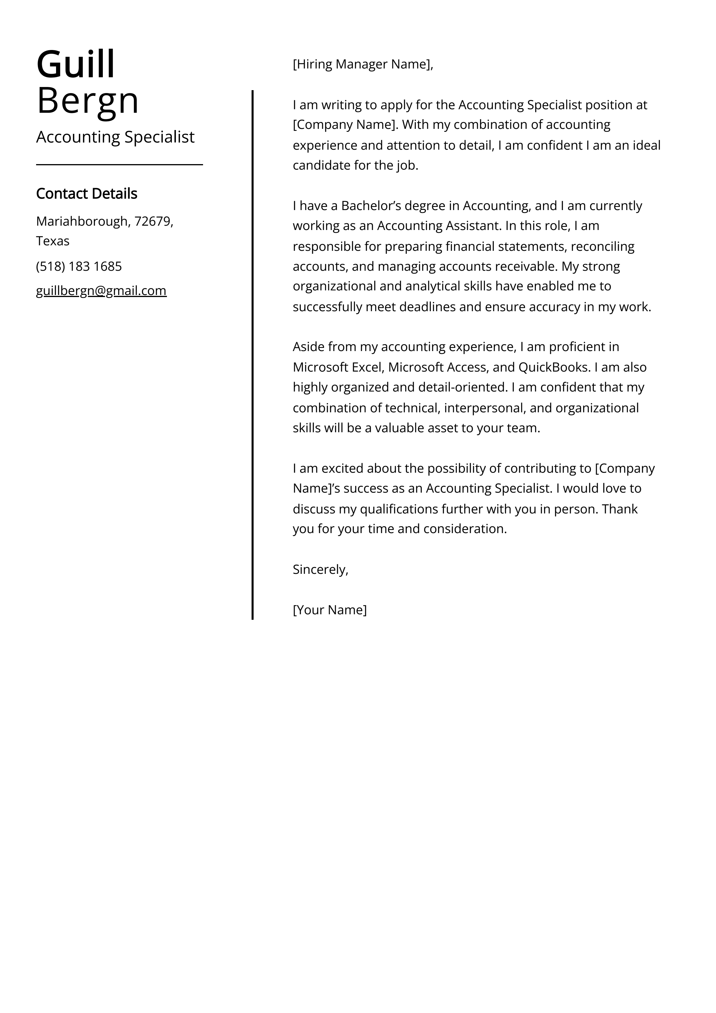 Accounting Specialist Cover Letter Example