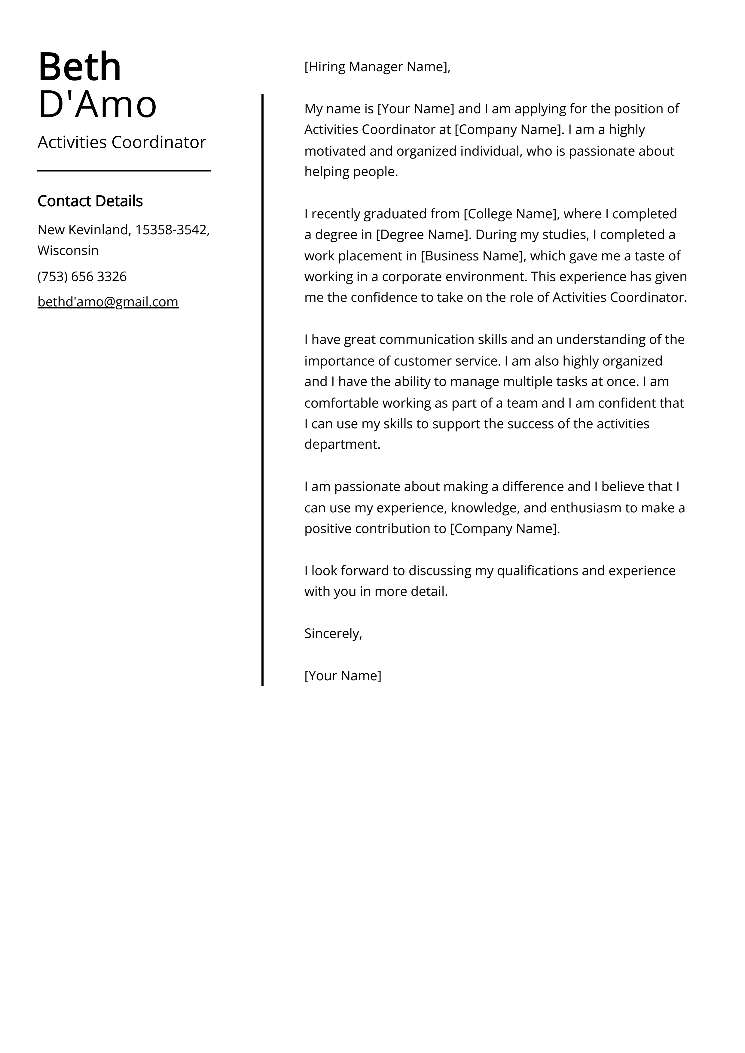 Activities Coordinator Cover Letter Example