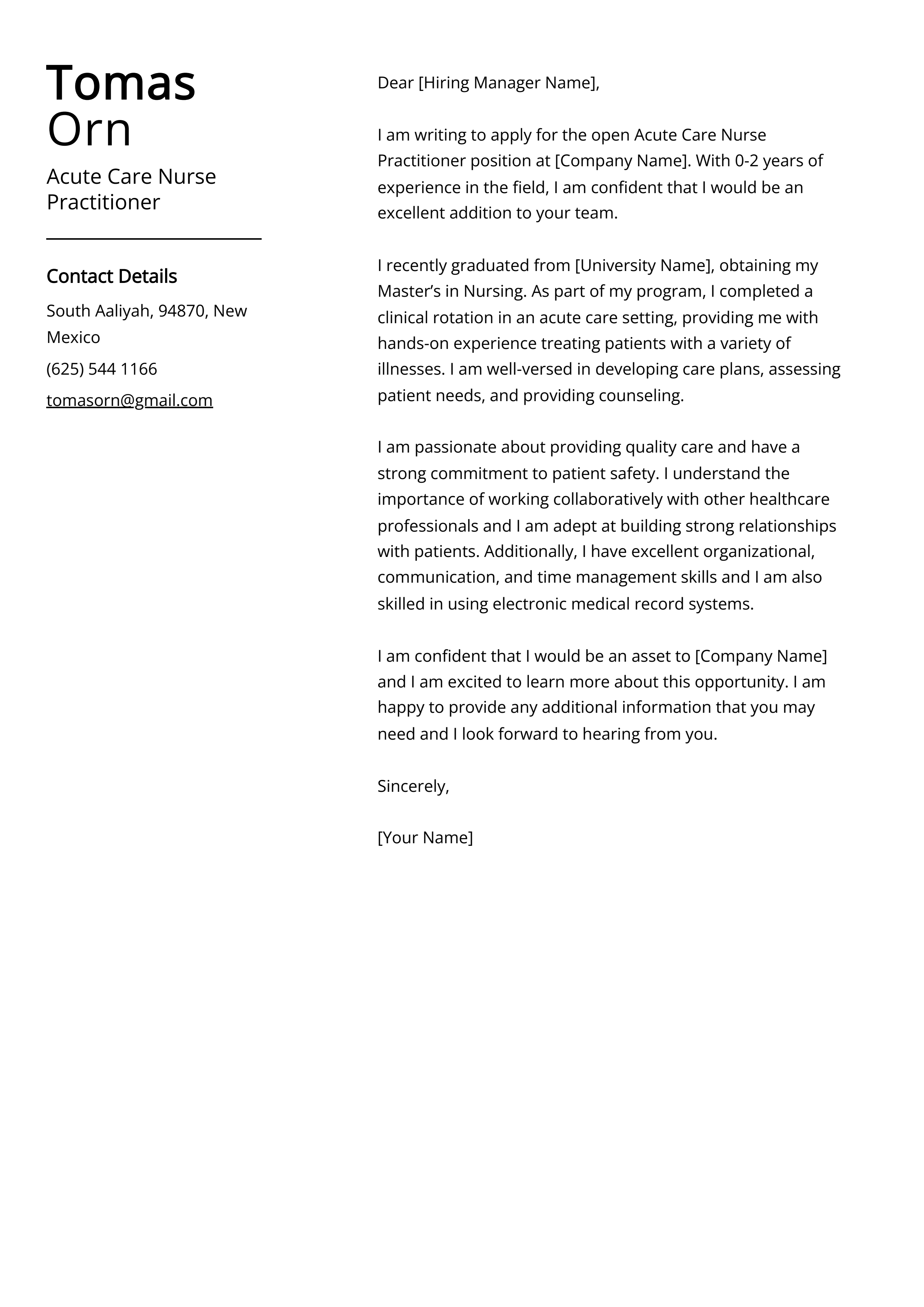 Acute Care Nurse Practitioner Cover Letter Example