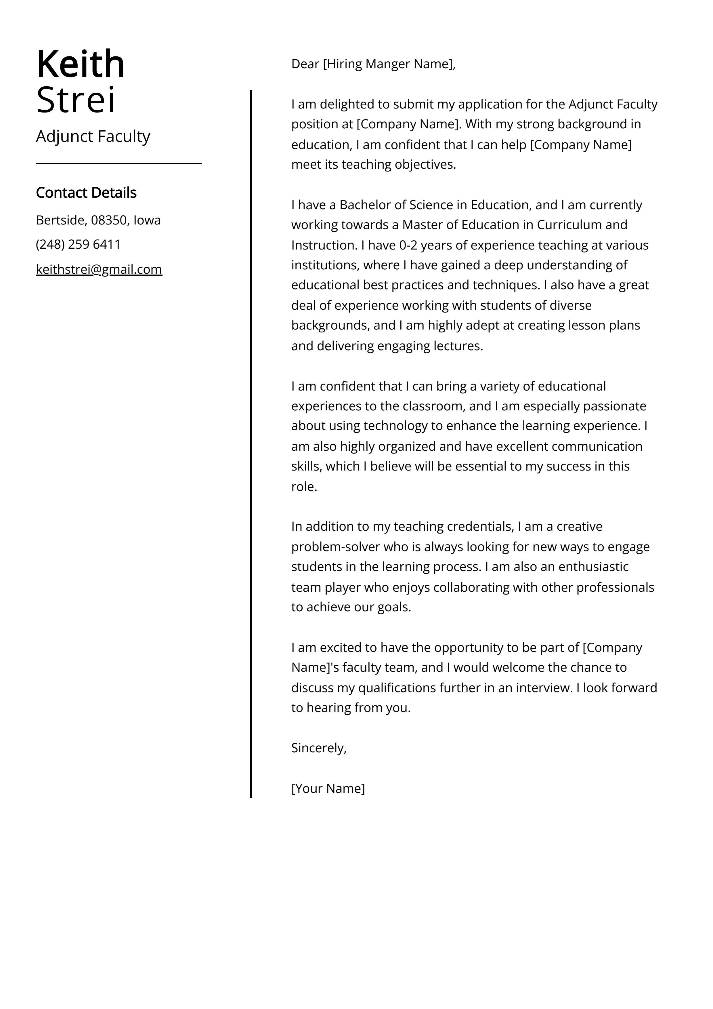 Adjunct Faculty Cover Letter Example