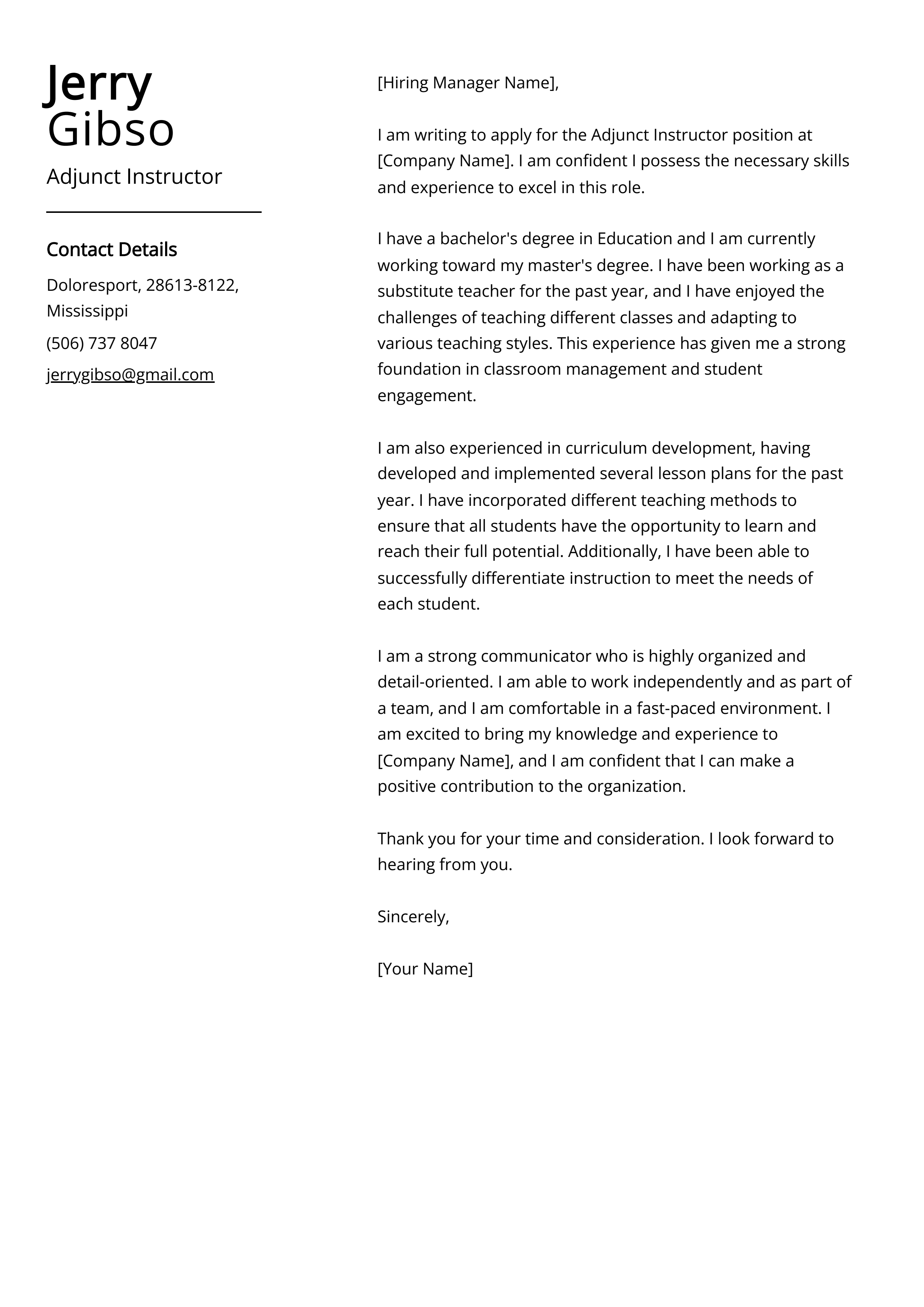 Adjunct Instructor Cover Letter Example