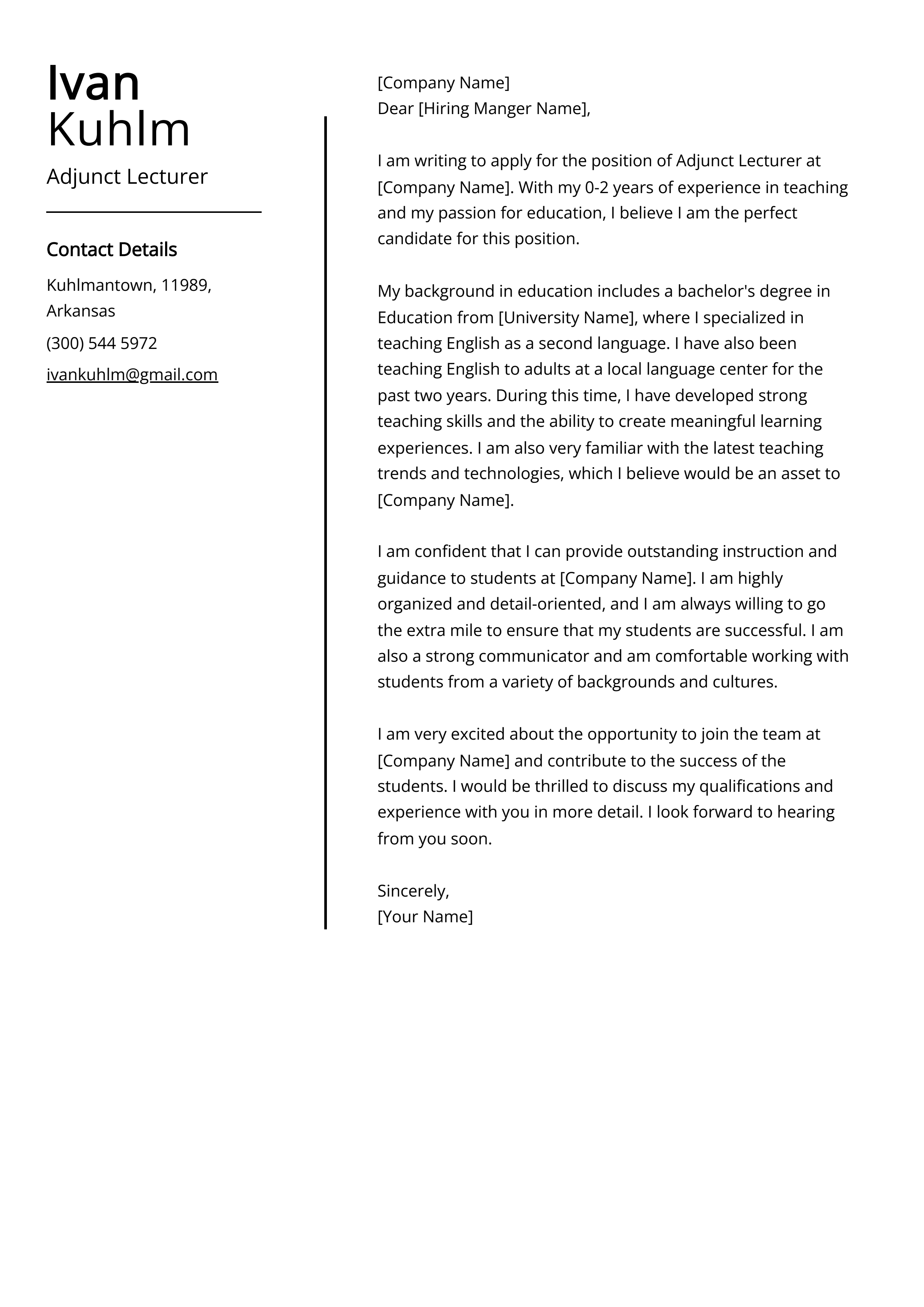 Adjunct Lecturer Cover Letter Example