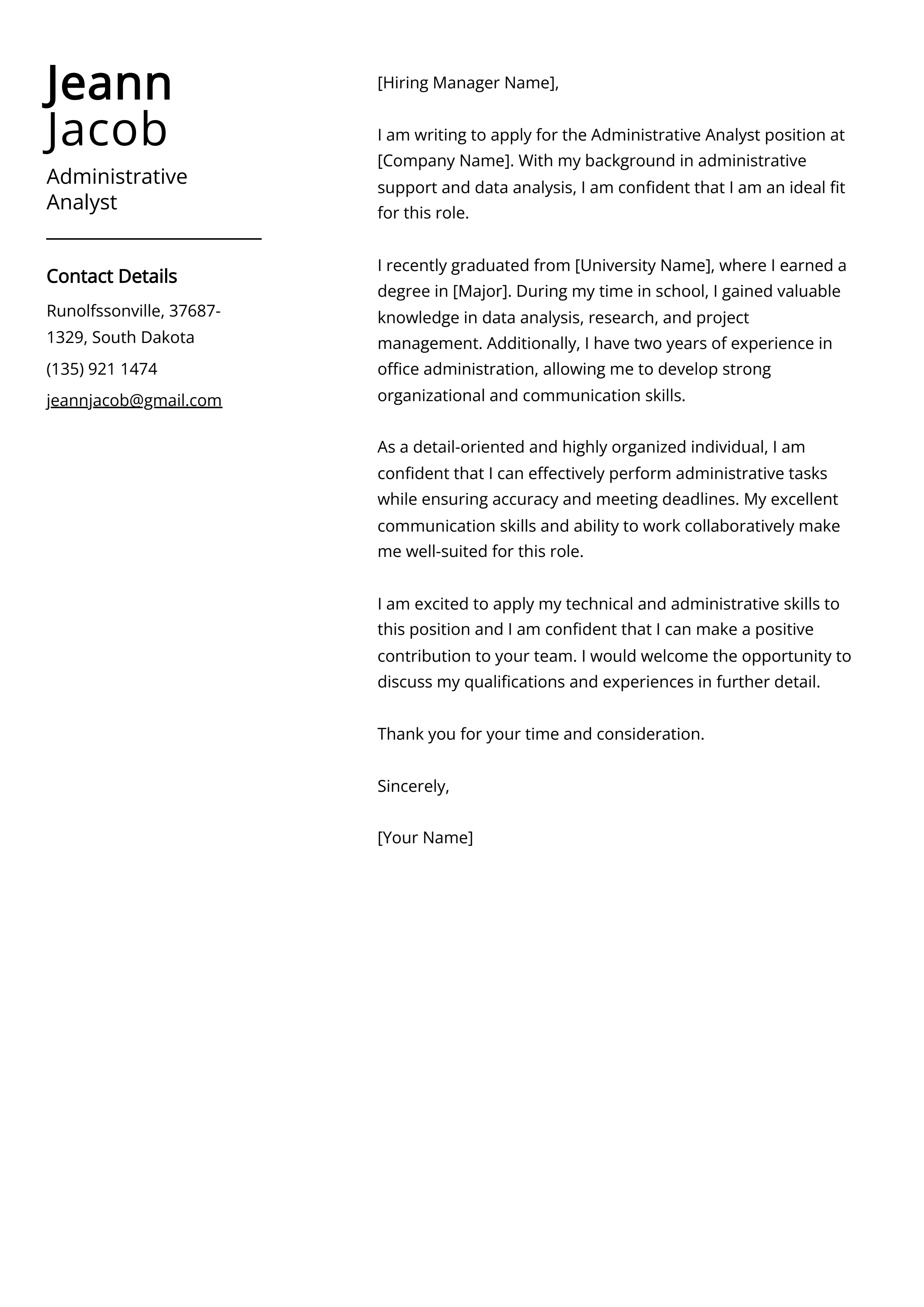 Administrative Analyst Cover Letter Example