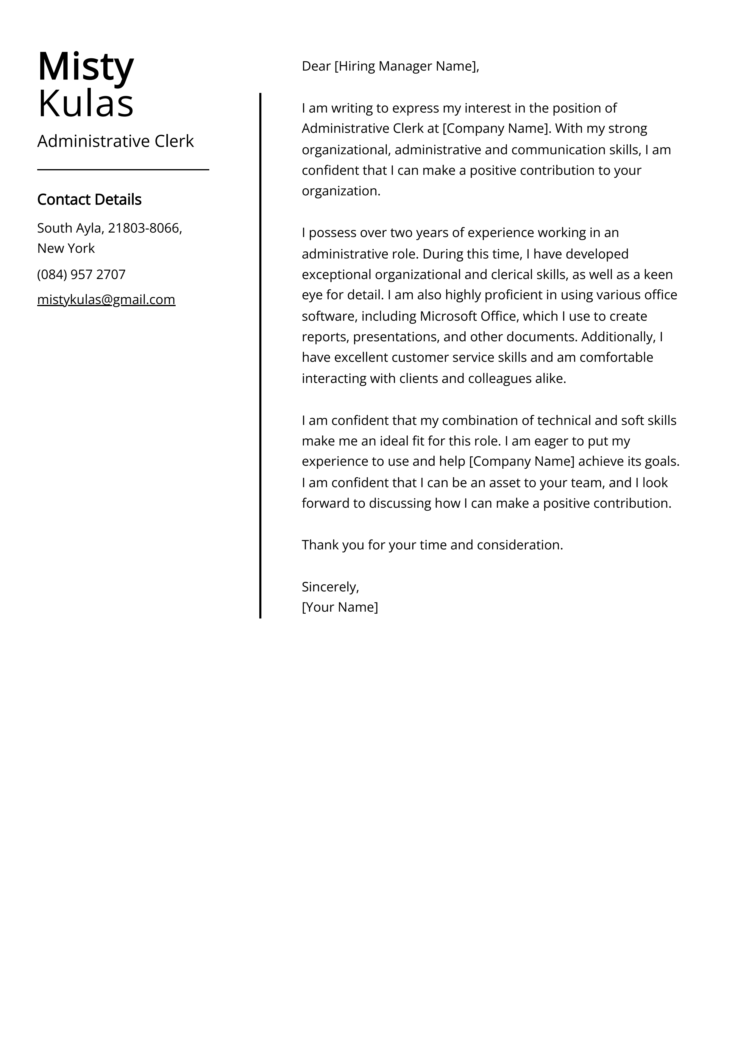 Administrative Clerk Cover Letter Example