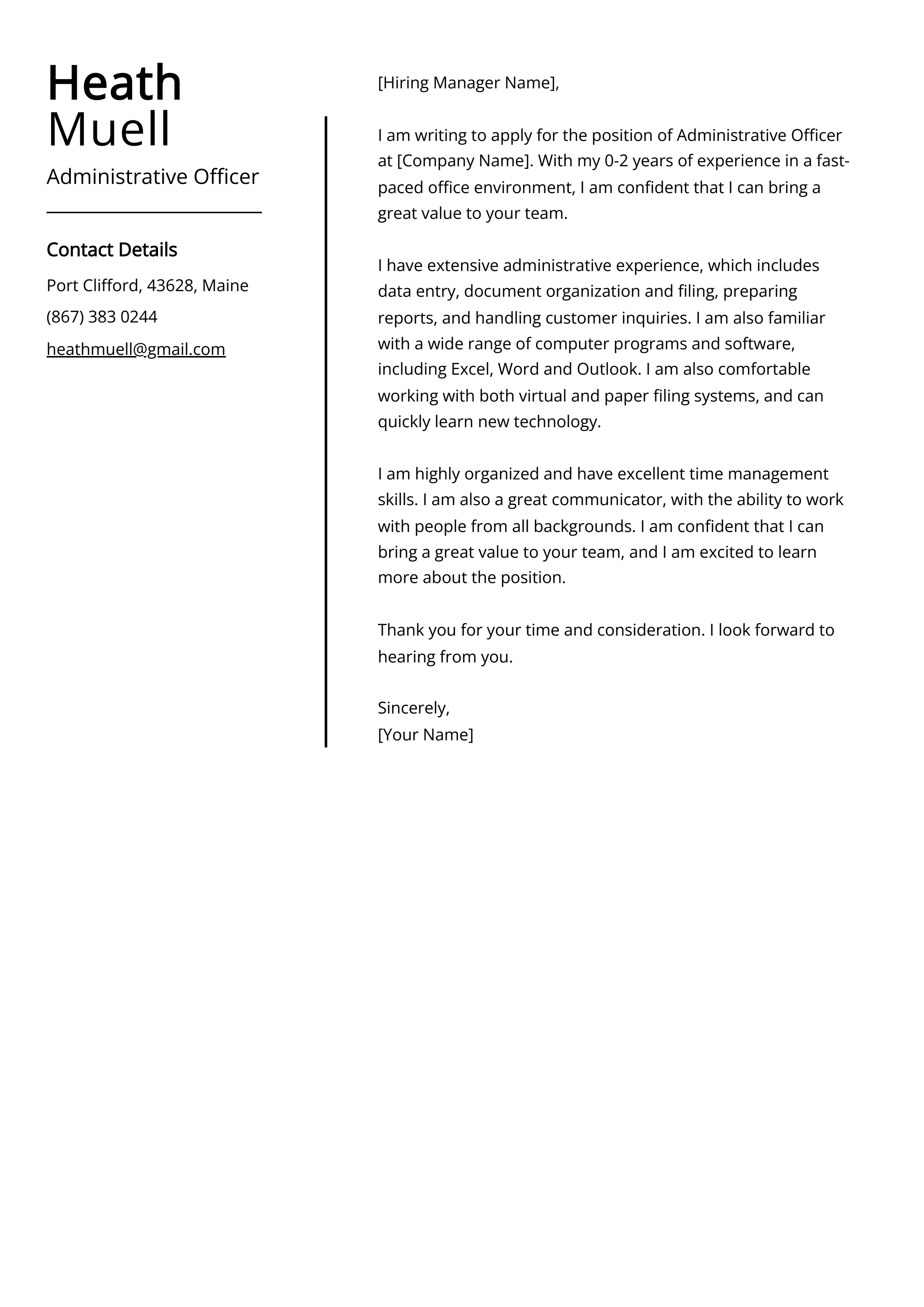 Administrative Officer Cover Letter Example