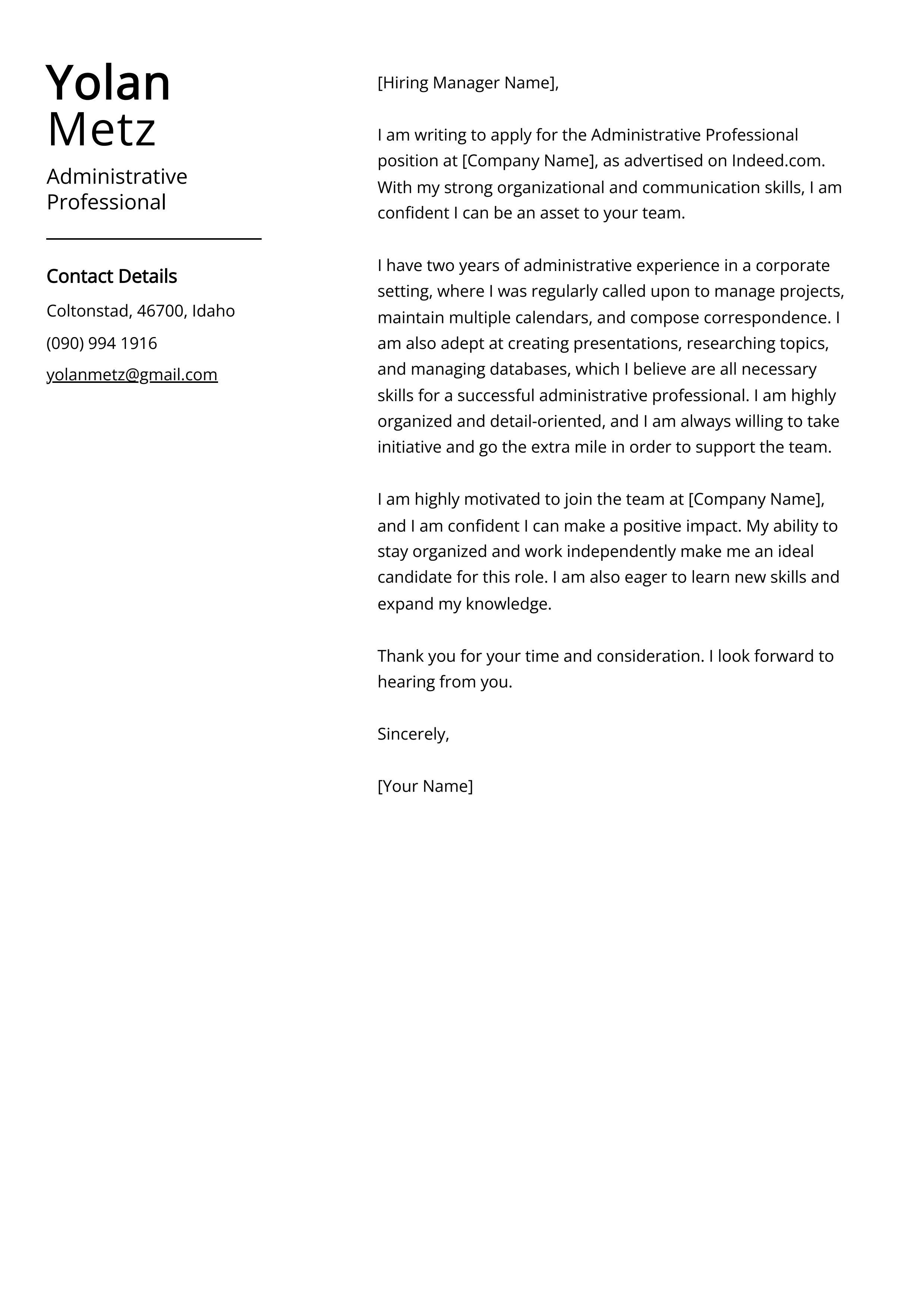Administrative Professional Cover Letter Example
