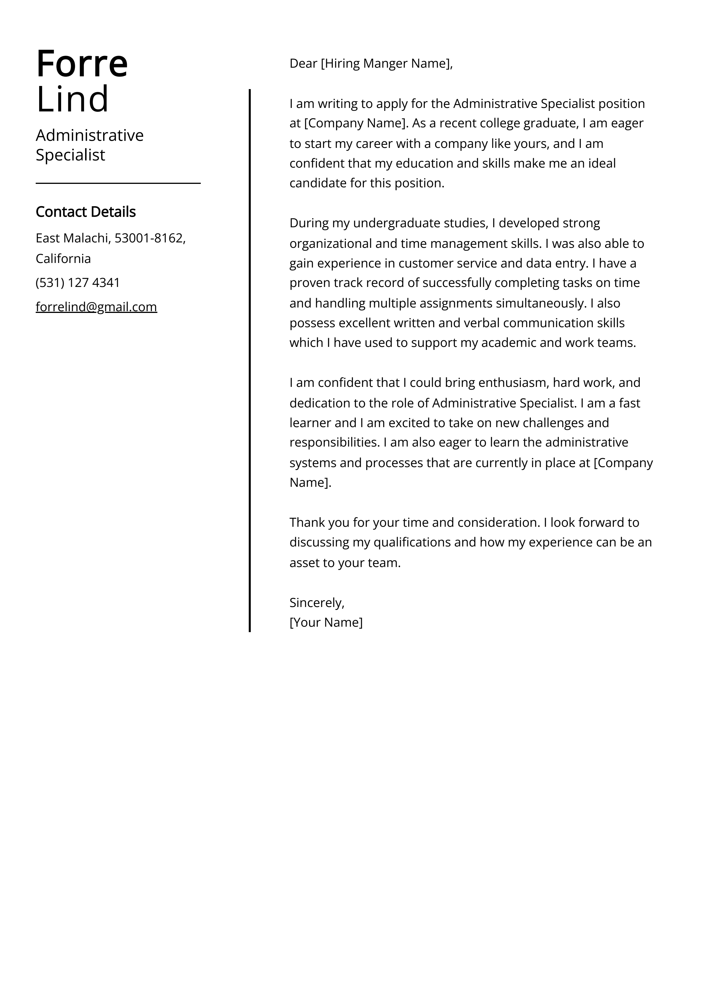 Administrative Specialist Cover Letter Example