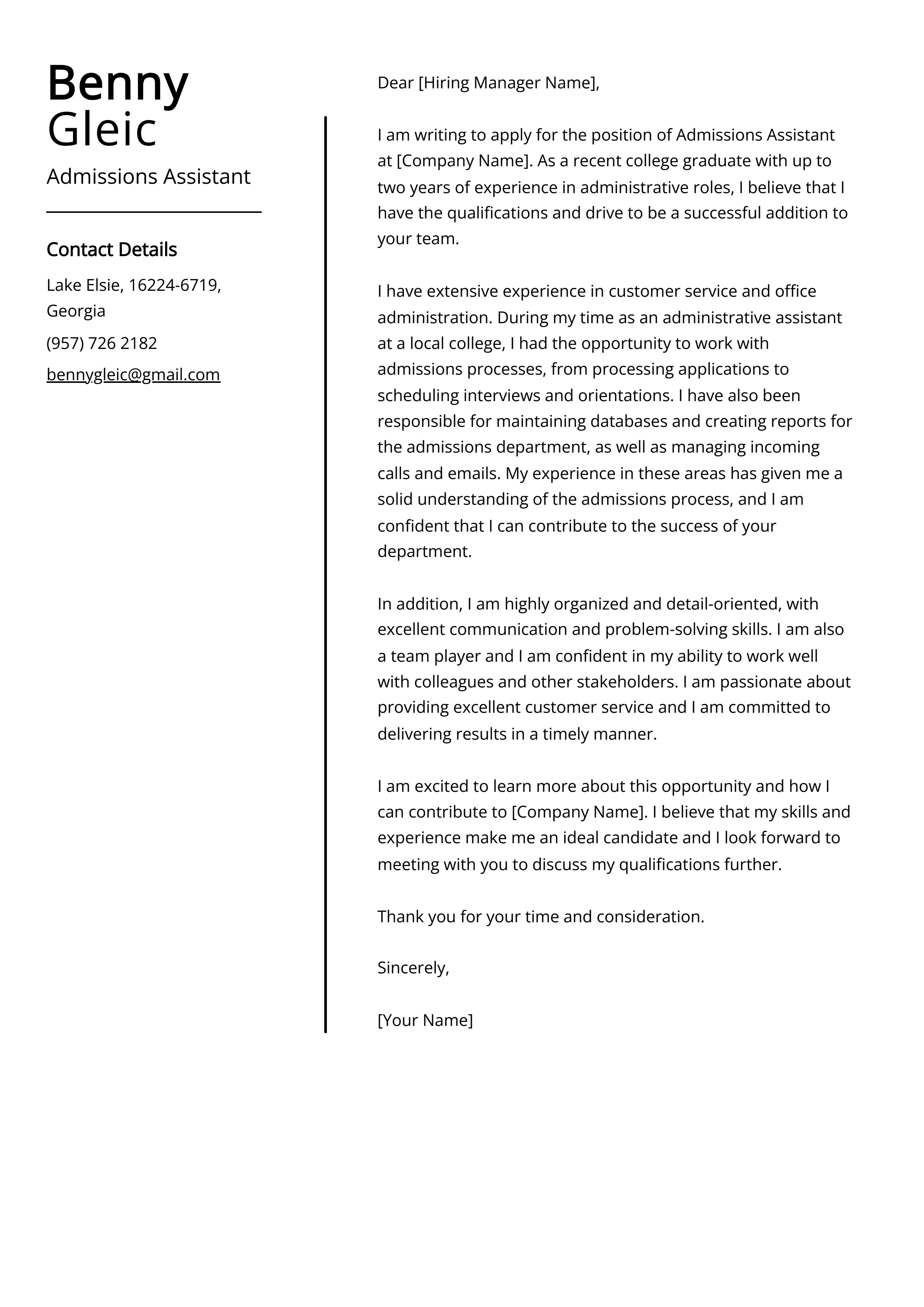 Admissions Assistant Cover Letter Example