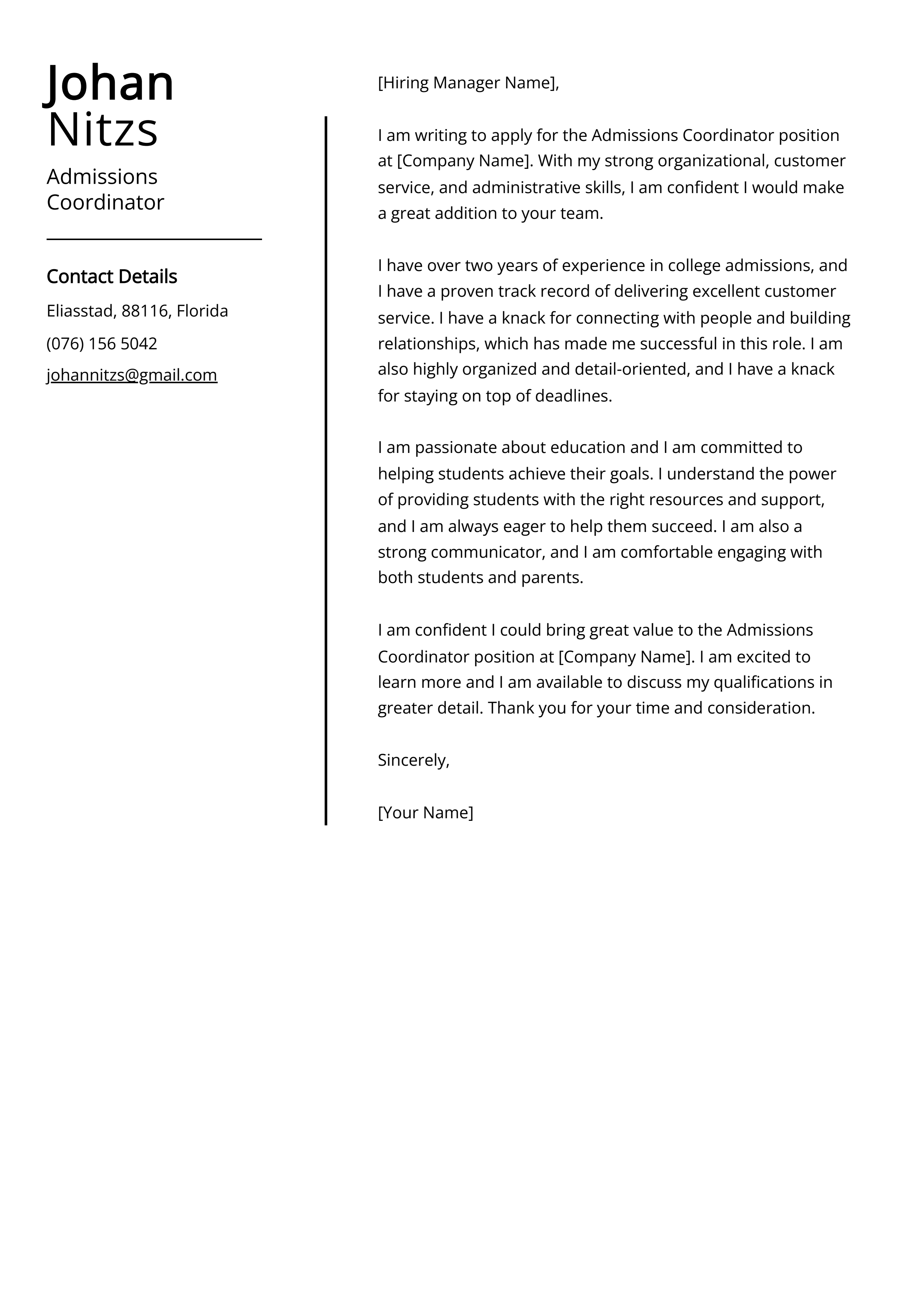 Admissions Coordinator Cover Letter Example