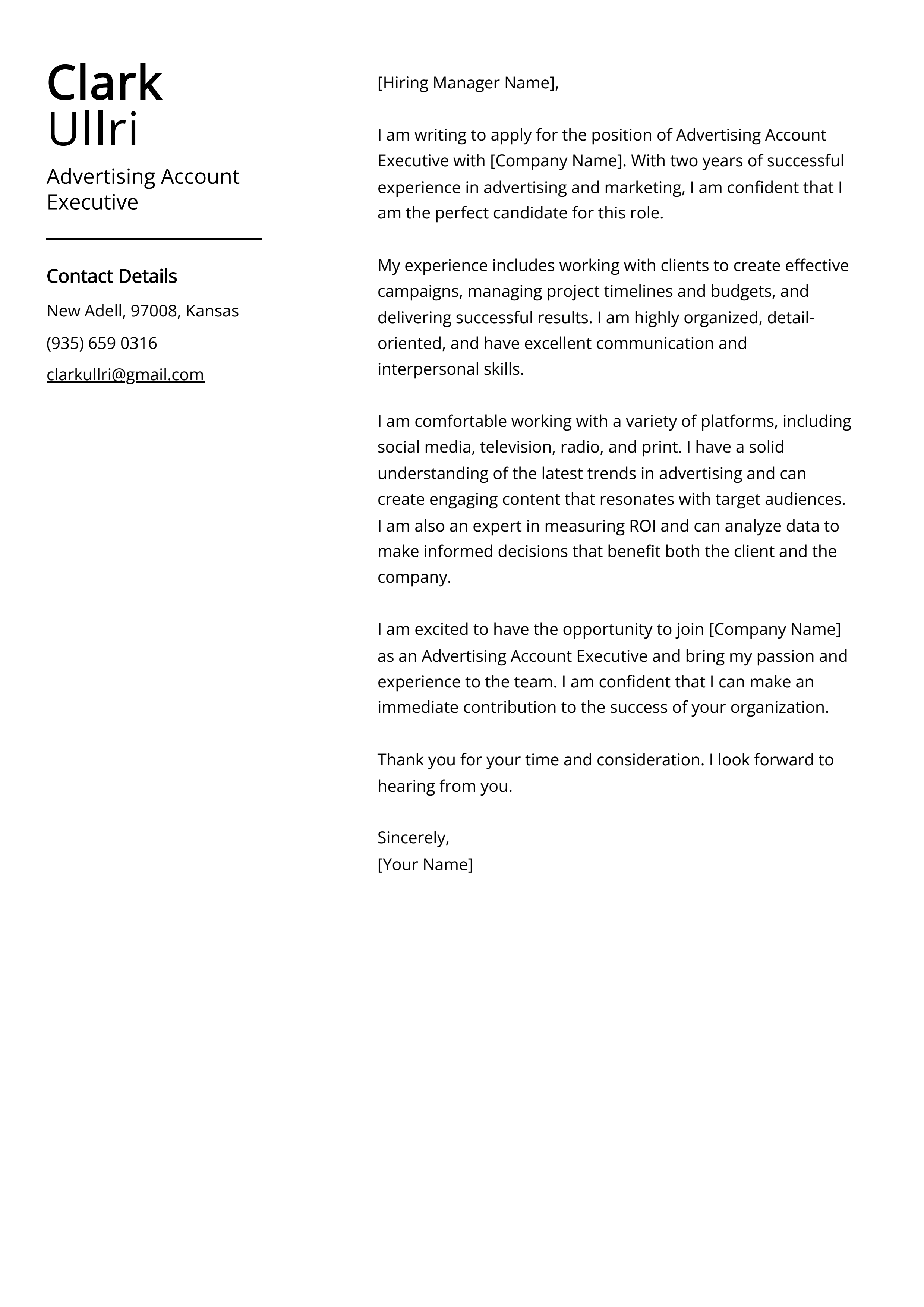 Advertising Account Executive Cover Letter Example