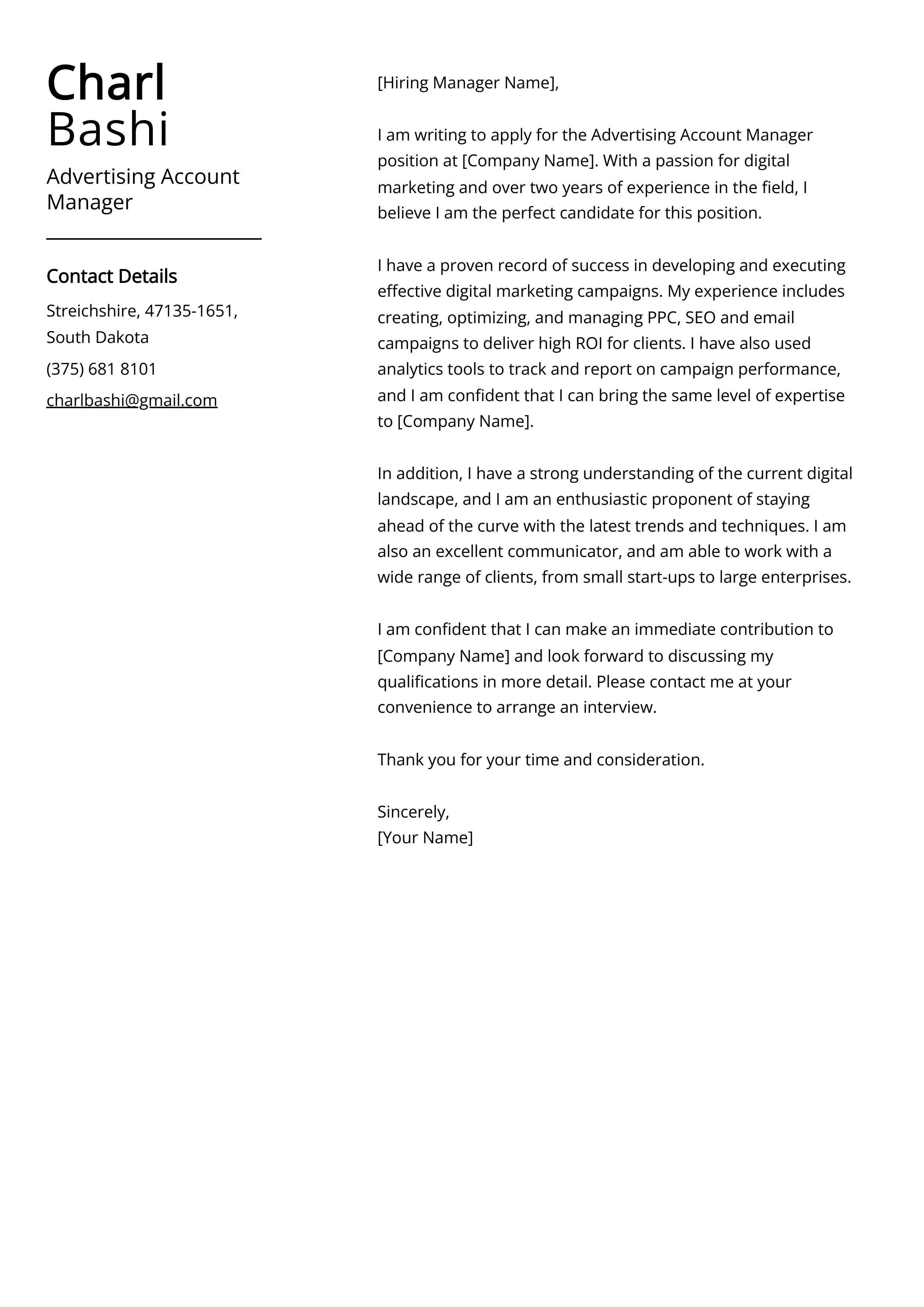 Advertising Account Manager Cover Letter Example