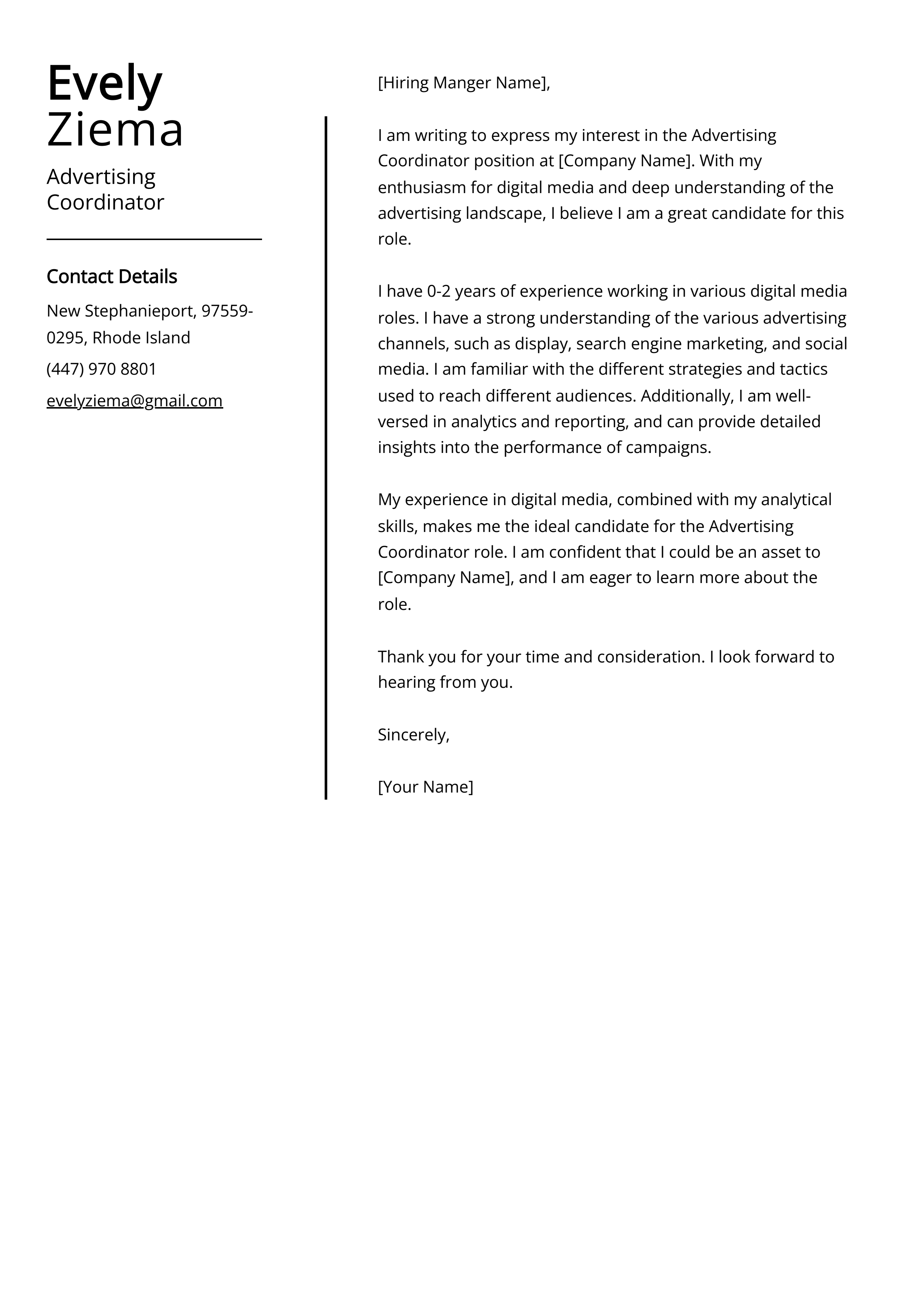 Advertising Coordinator Cover Letter Example