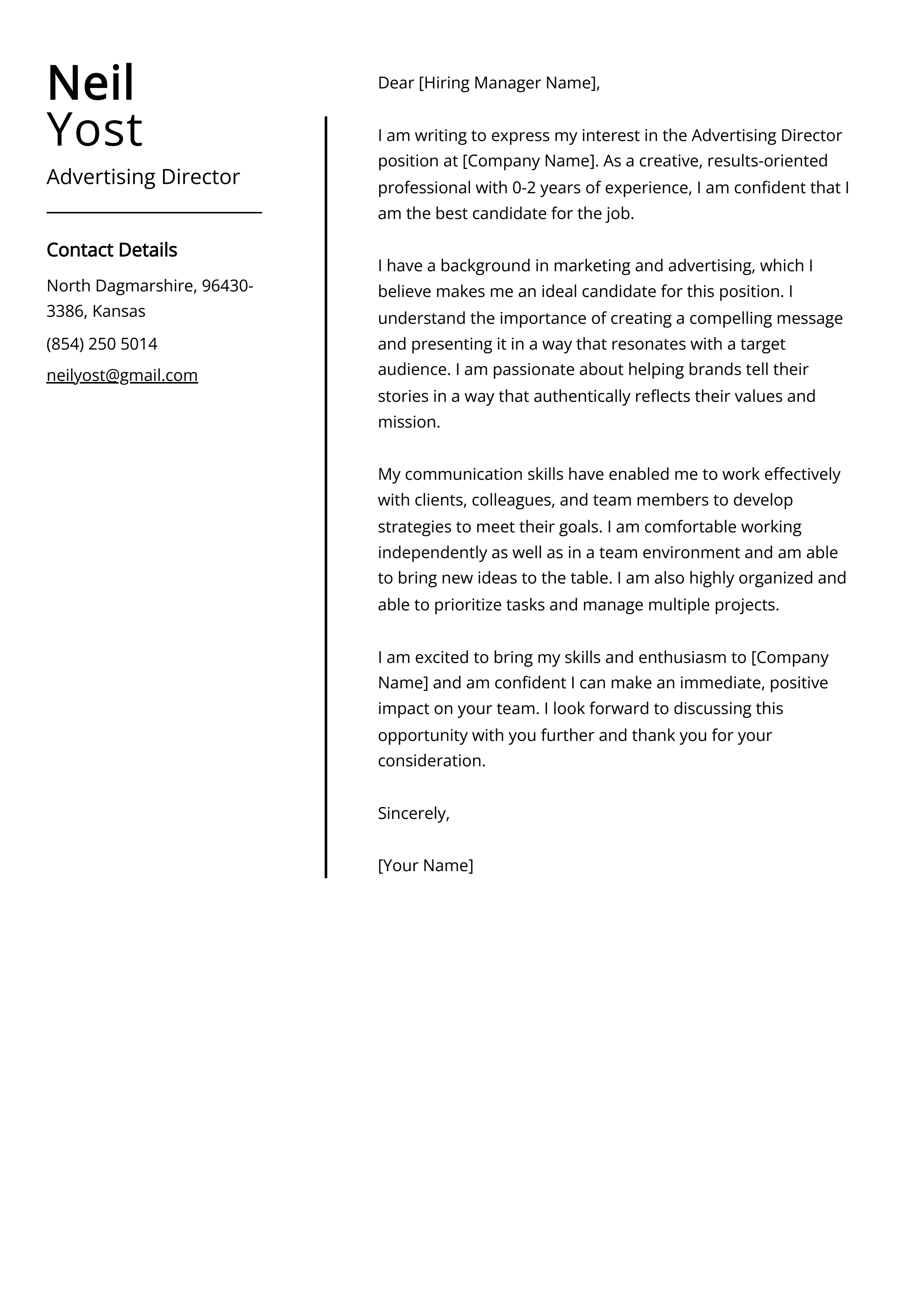 Advertising Director Cover Letter Example