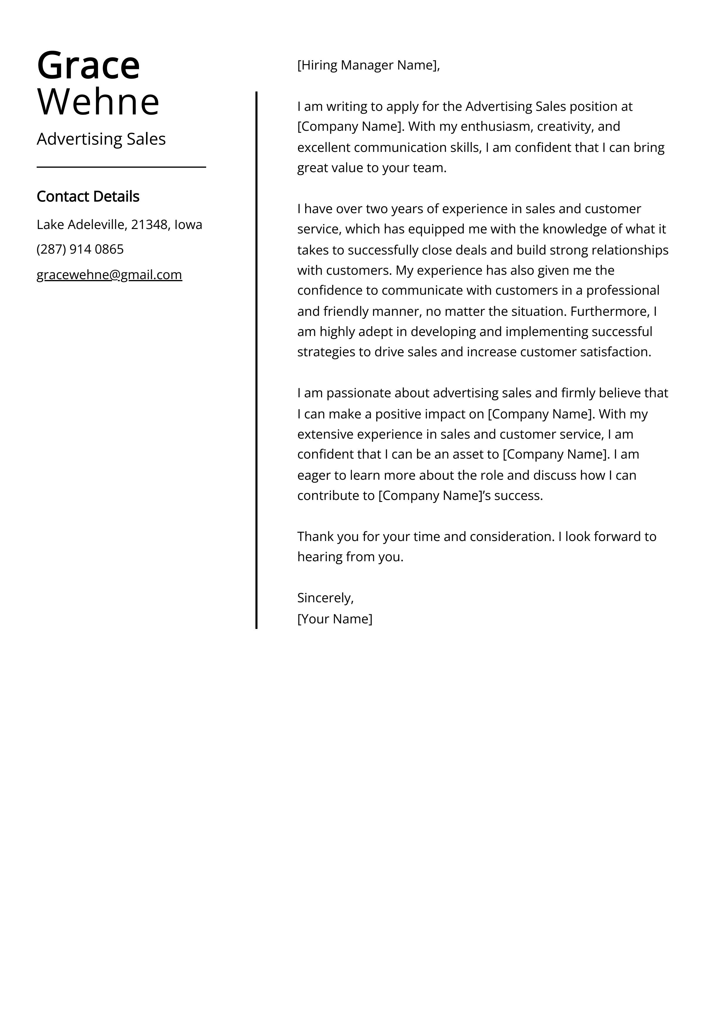 Advertising Sales Cover Letter Example