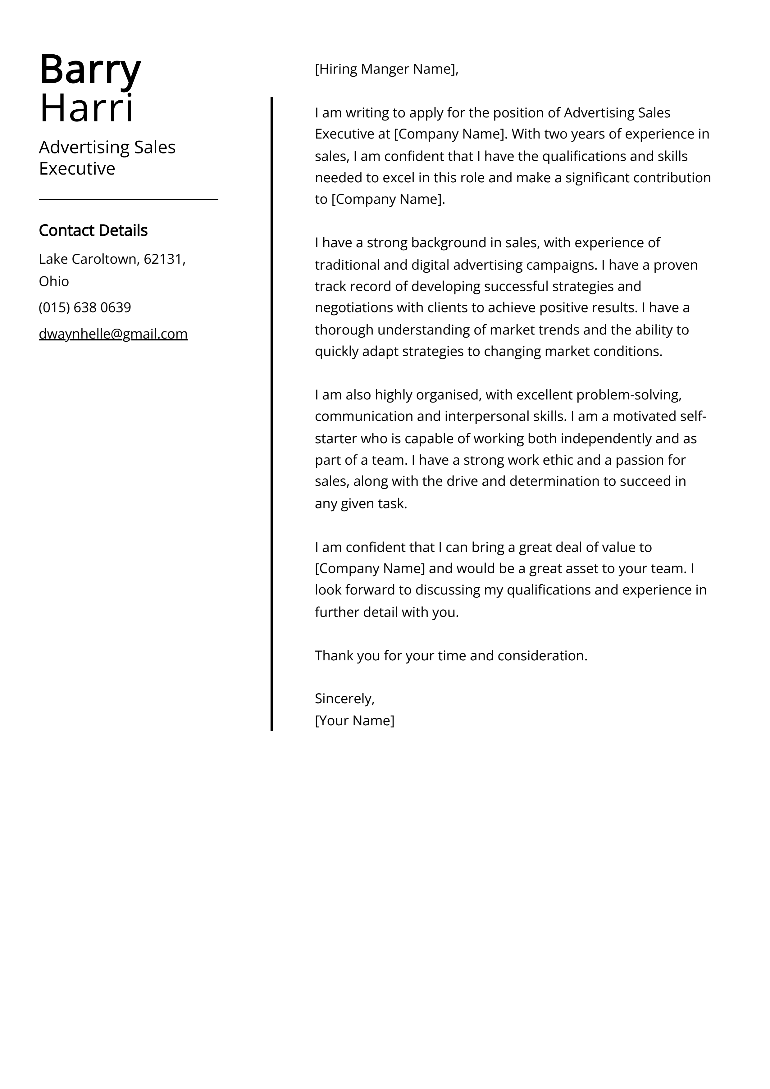 Advertising Sales Executive Cover Letter Example