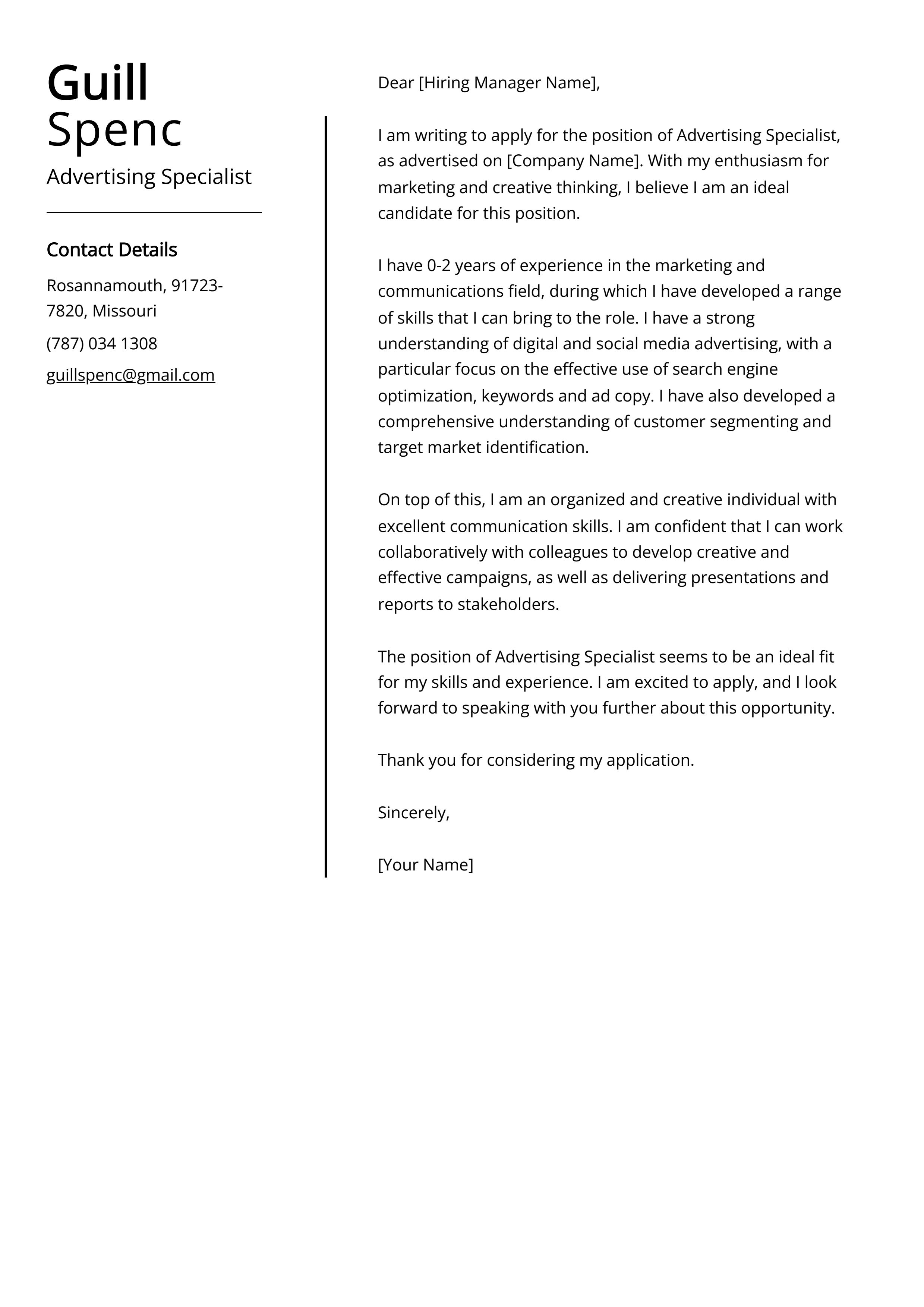 Advertising Specialist Cover Letter Example
