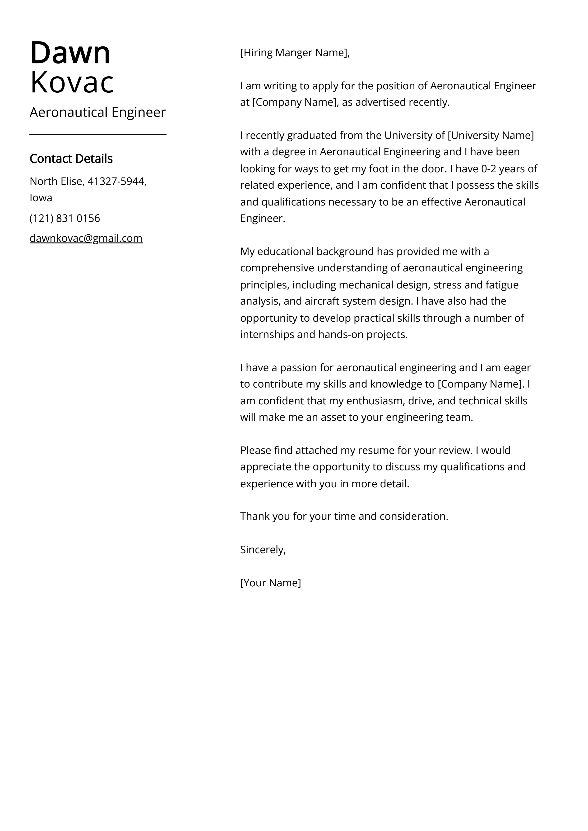 Aeronautical Engineer Cover Letter Example