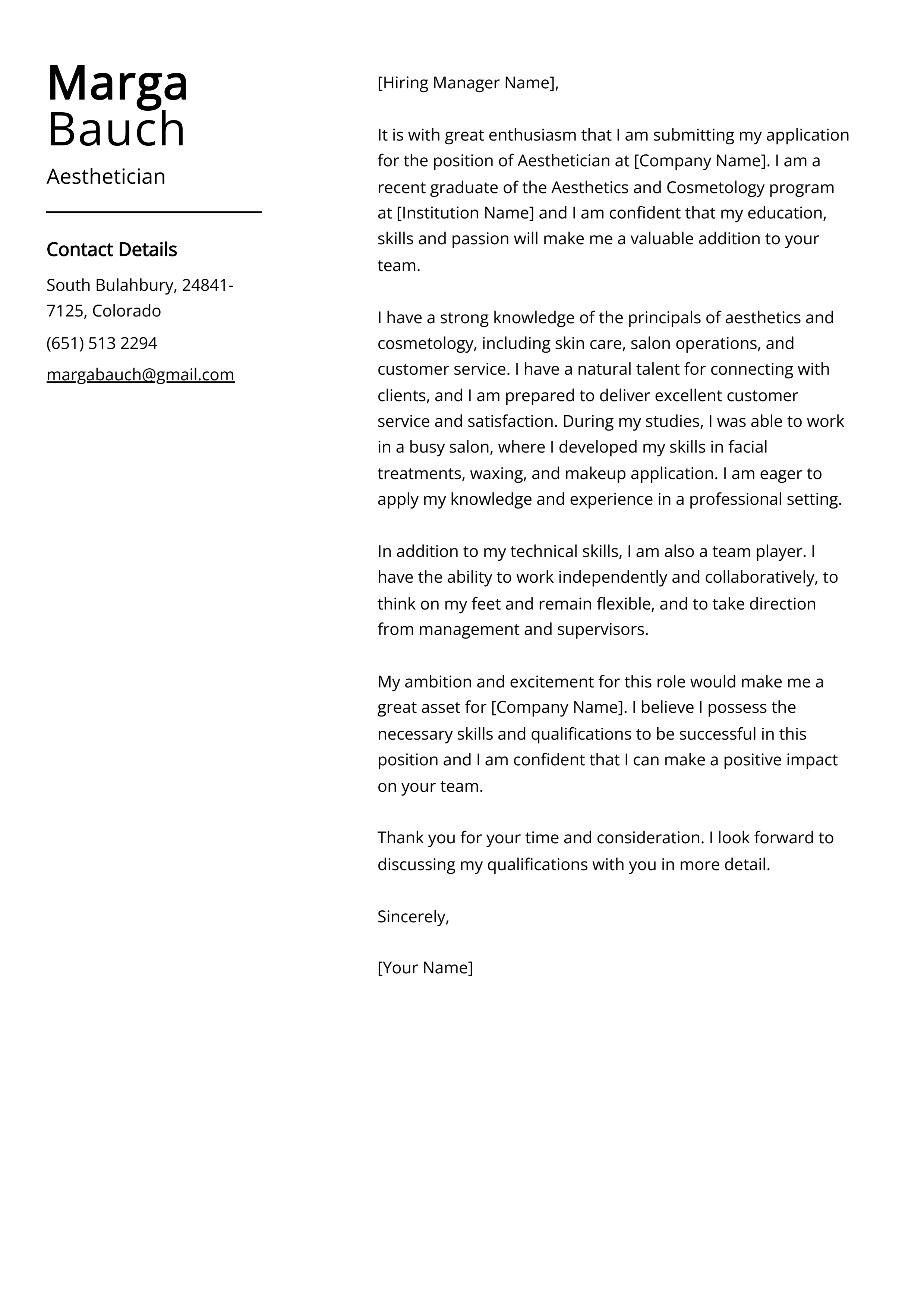 Aesthetician Cover Letter Example