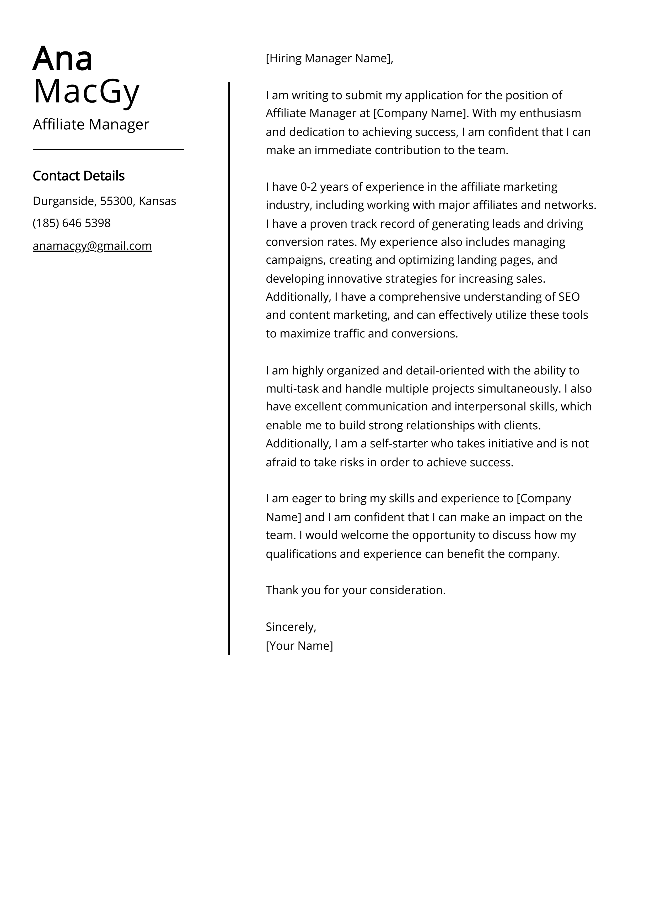 Affiliate Manager Cover Letter Example