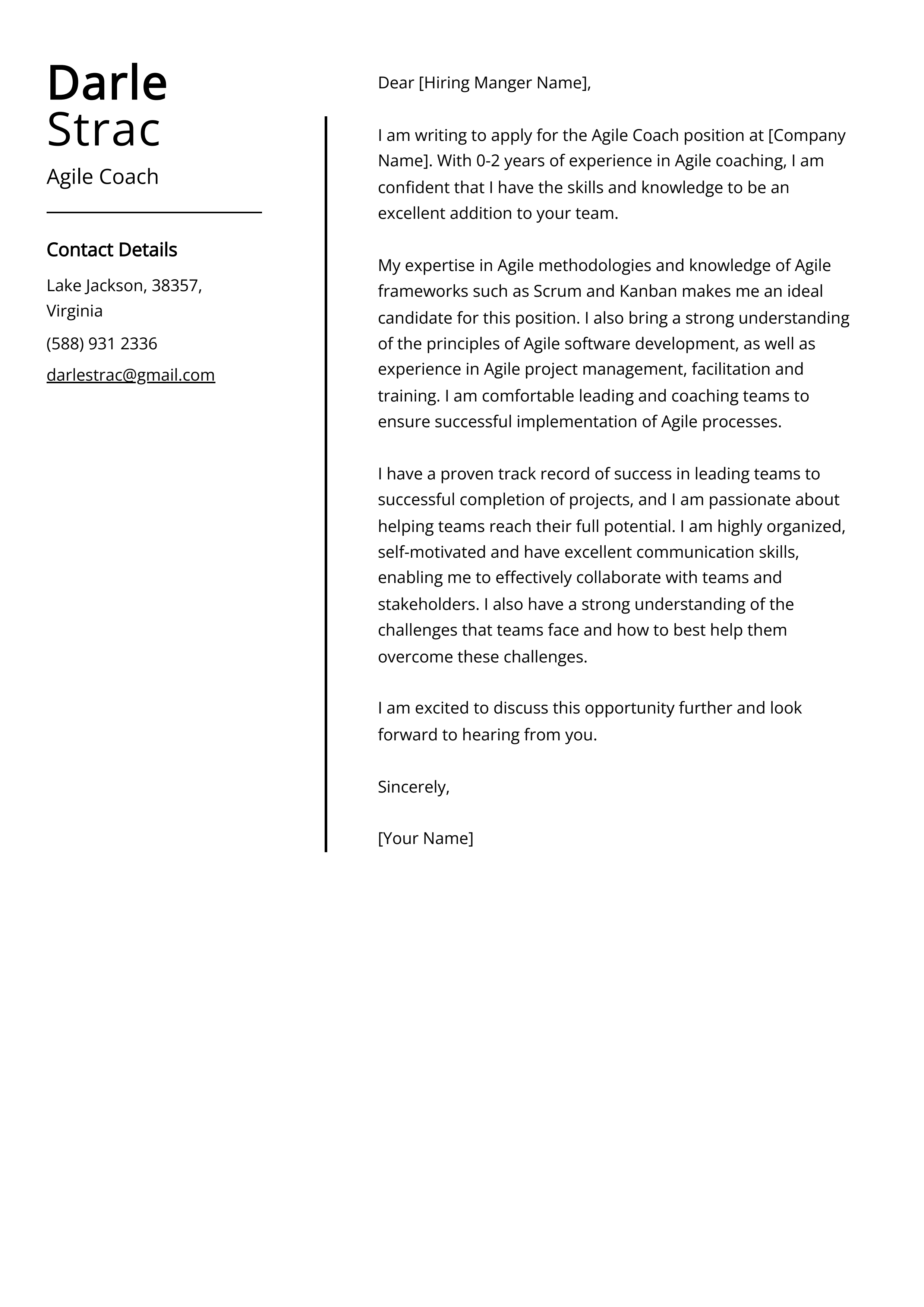 Agile Coach Cover Letter Example