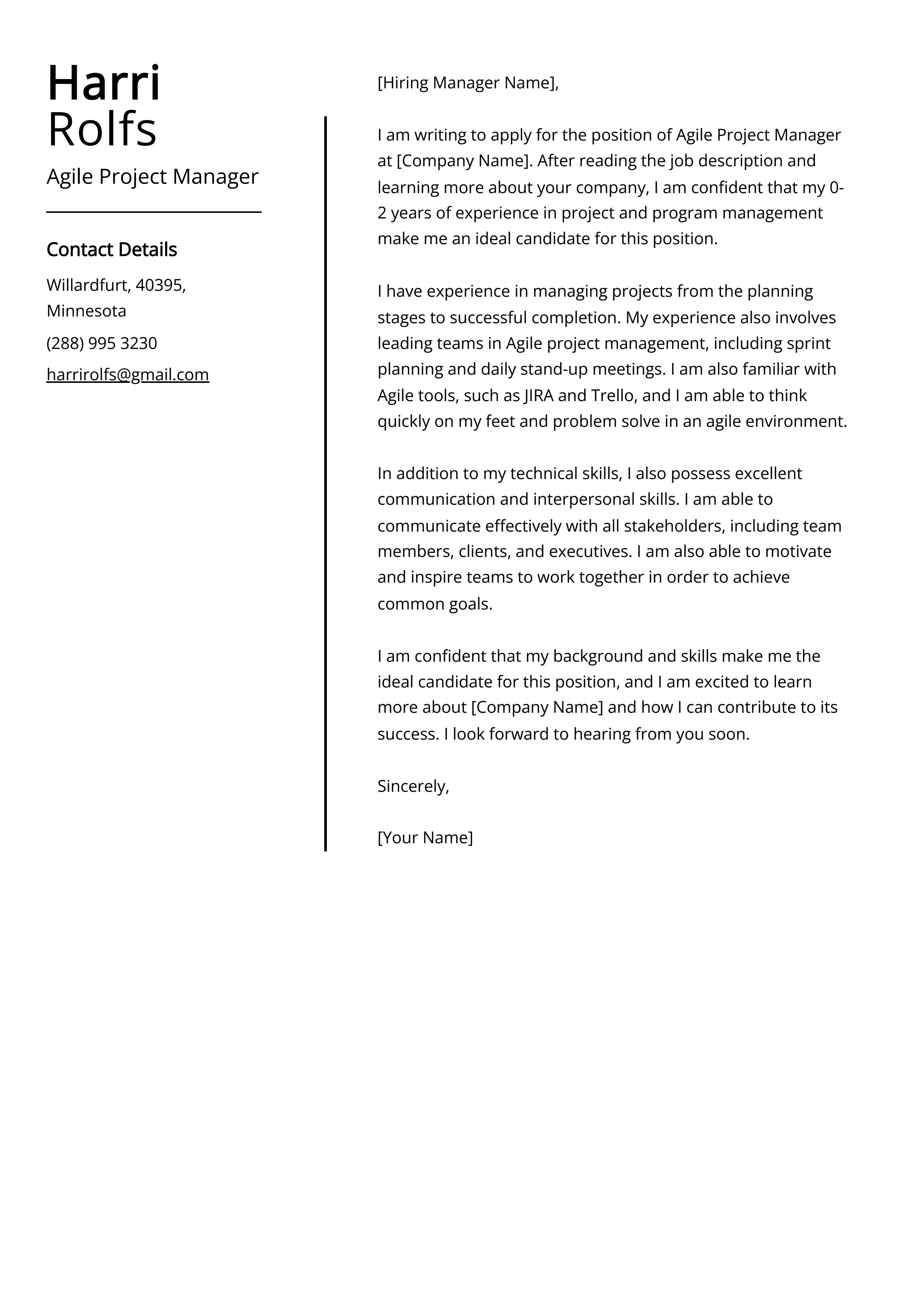 Agile Project Manager Cover Letter Example