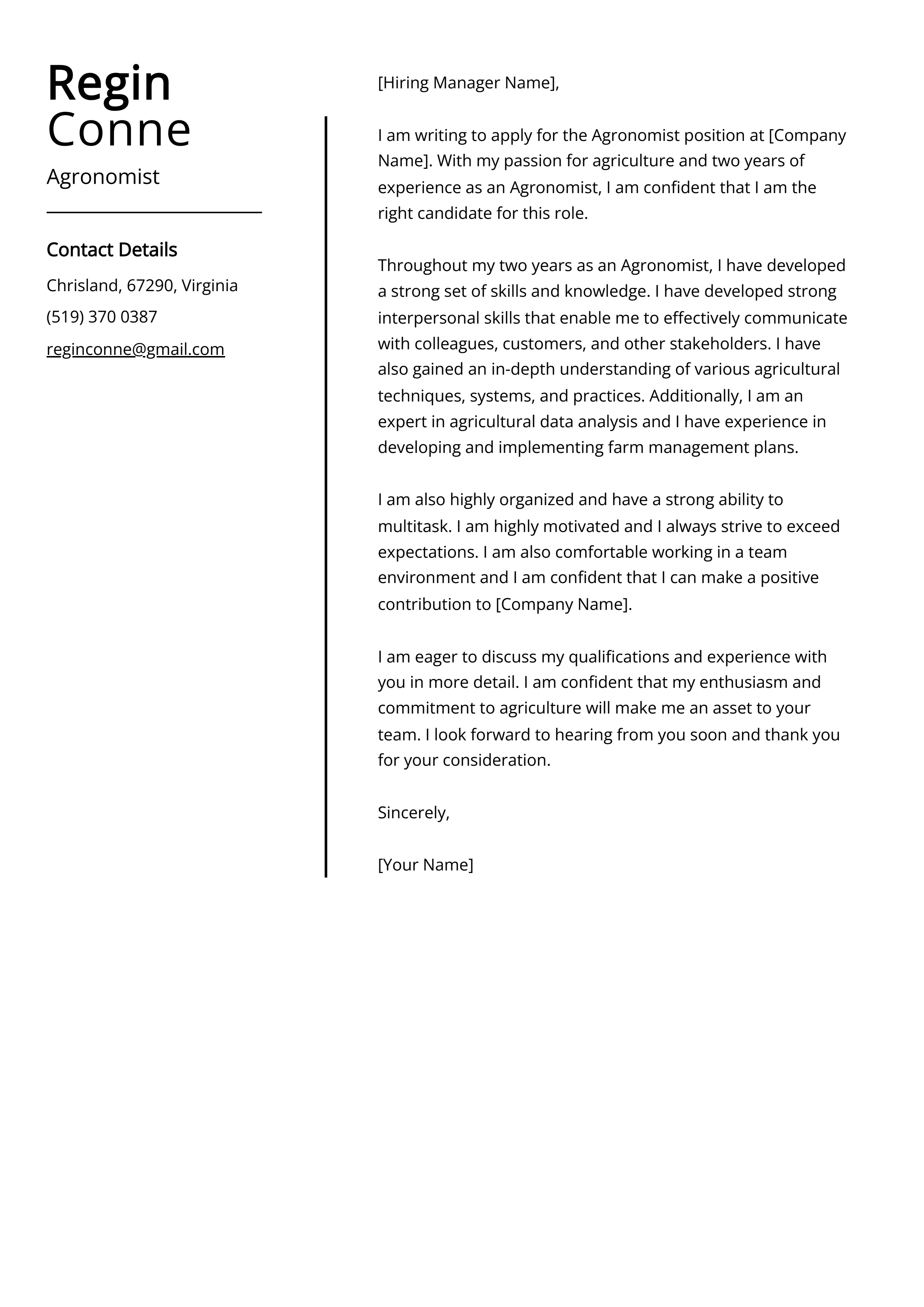 Agronomist Cover Letter Example