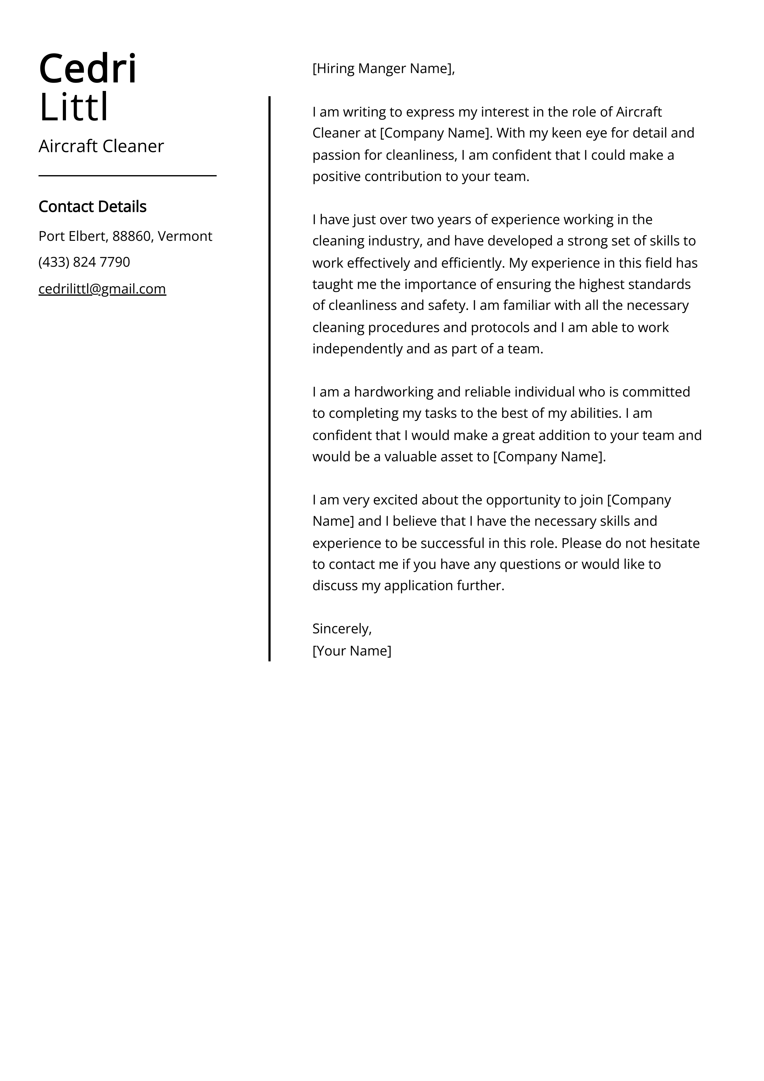 Aircraft Cleaner Cover Letter Example