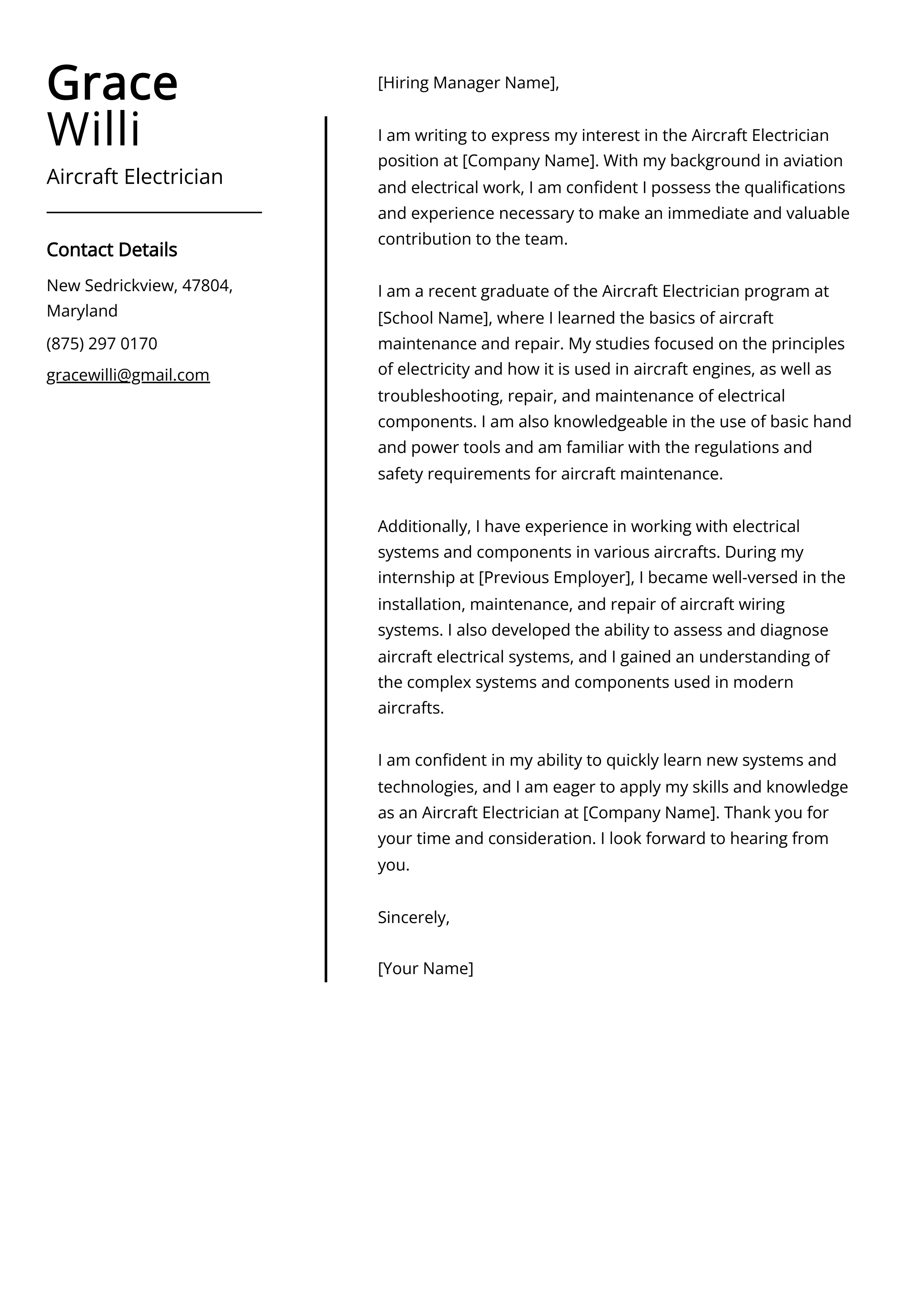 Aircraft Electrician Cover Letter Example