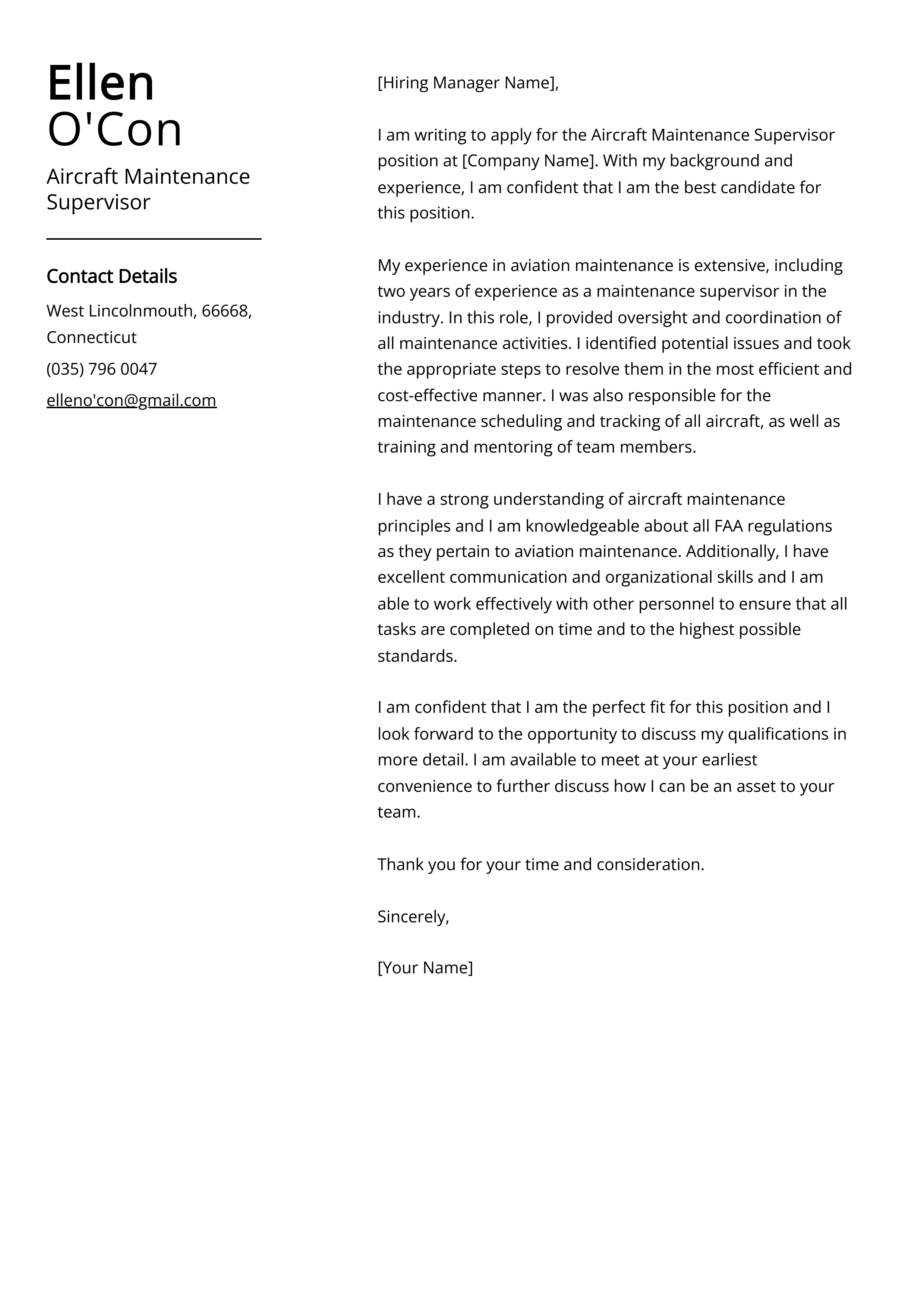 Aircraft Maintenance Supervisor Cover Letter Example