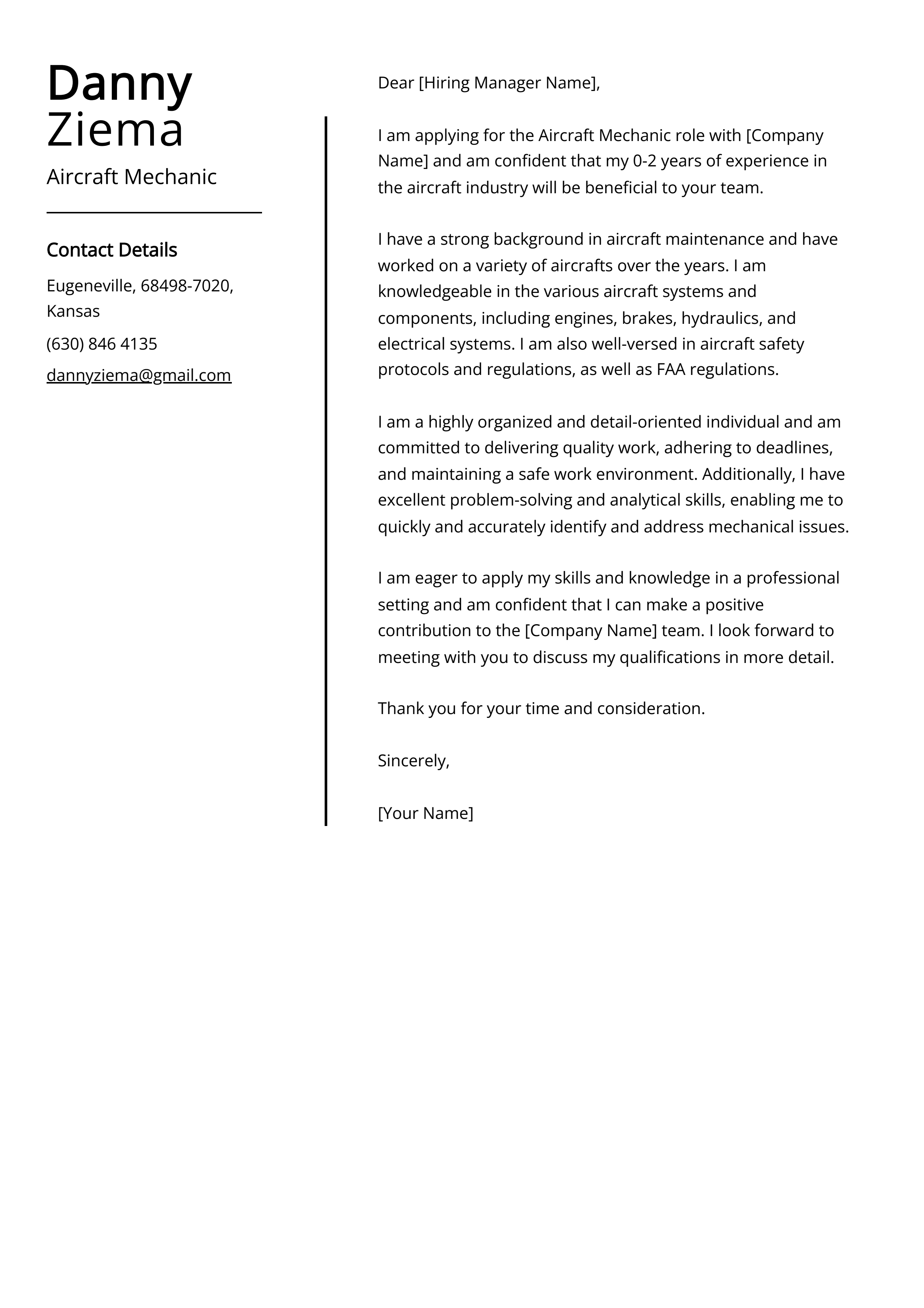 Aircraft Mechanic Cover Letter Example