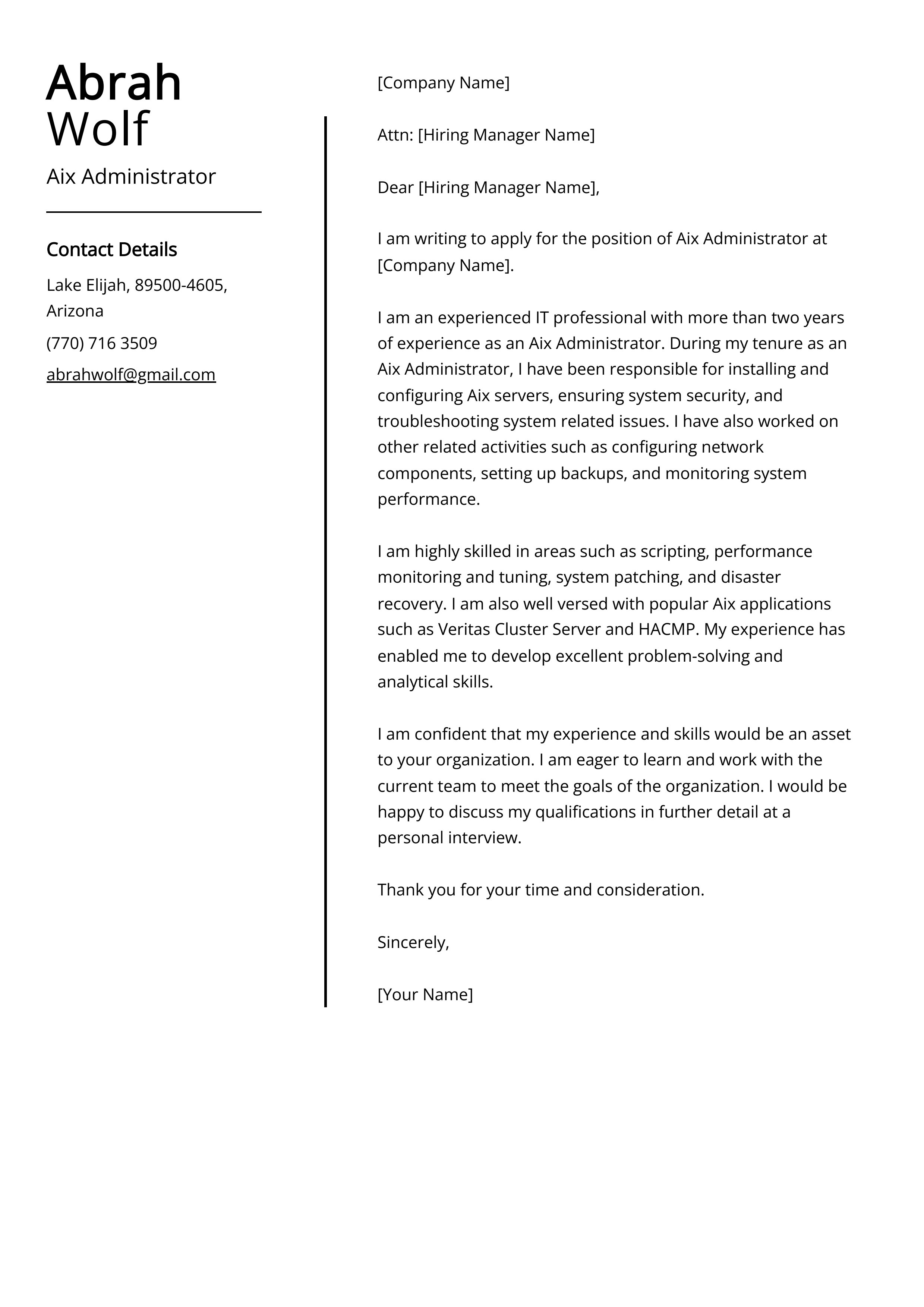 Aix Administrator Cover Letter Example