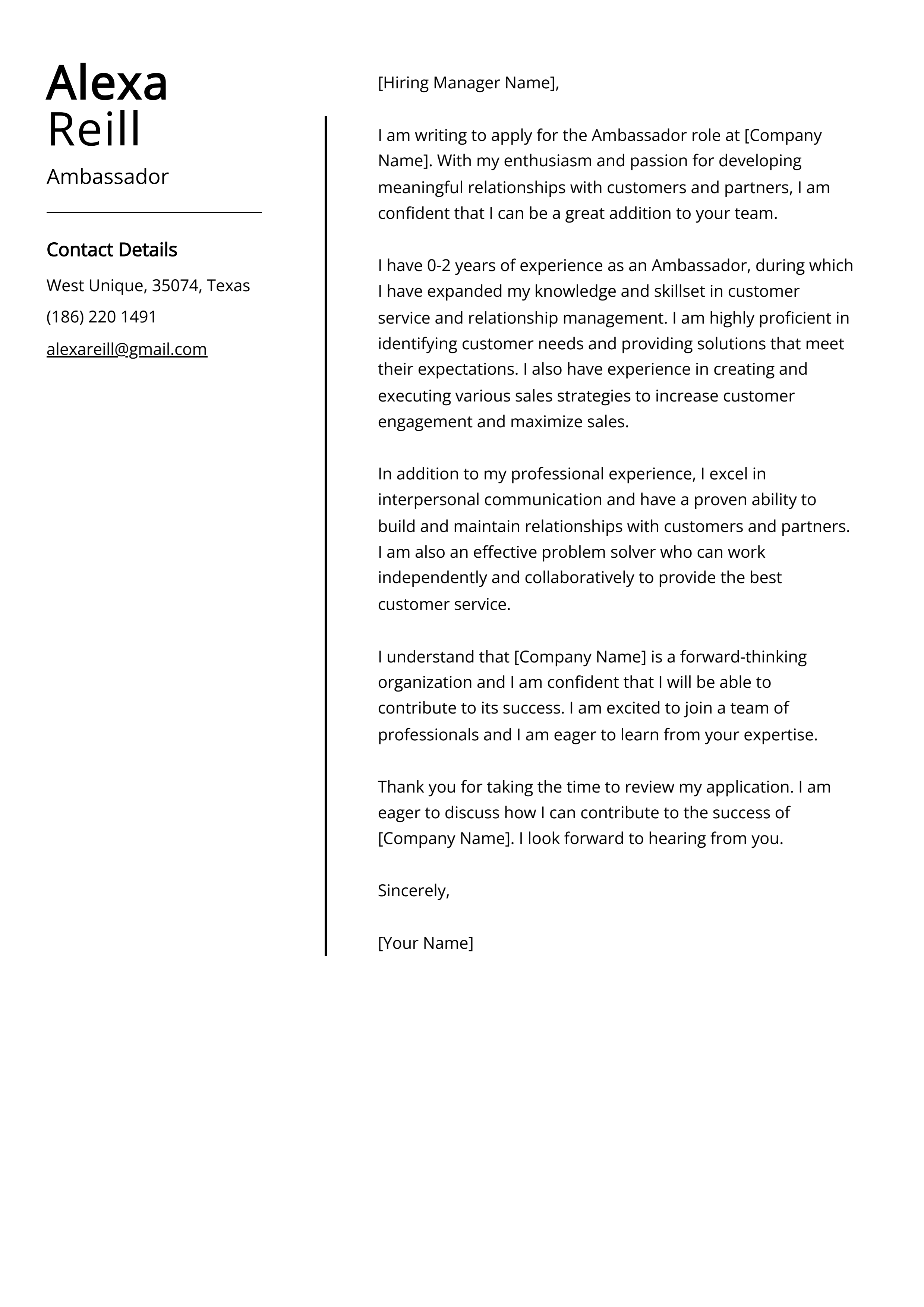 Ambassador Cover Letter Example