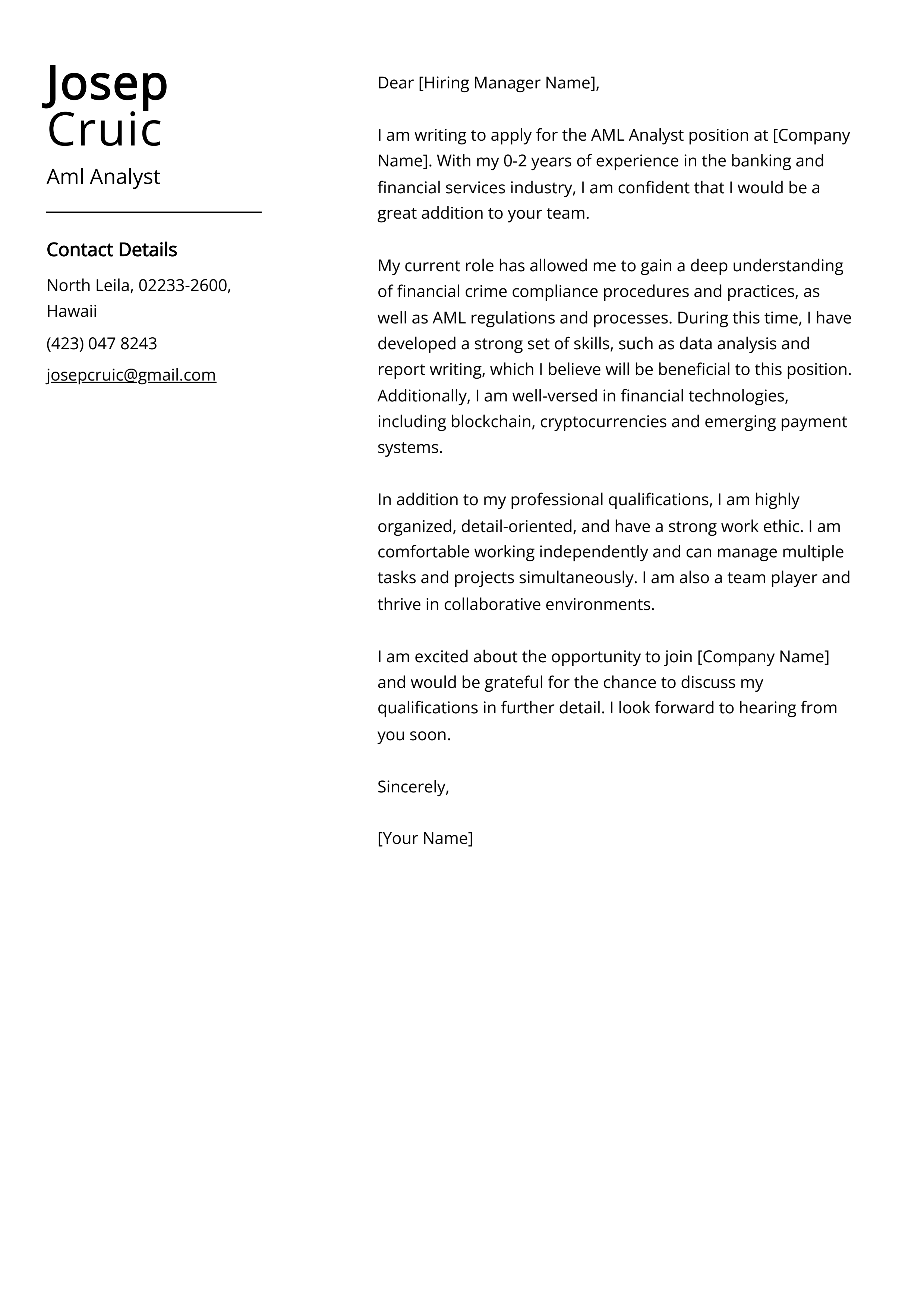 Aml Analyst Cover Letter Example