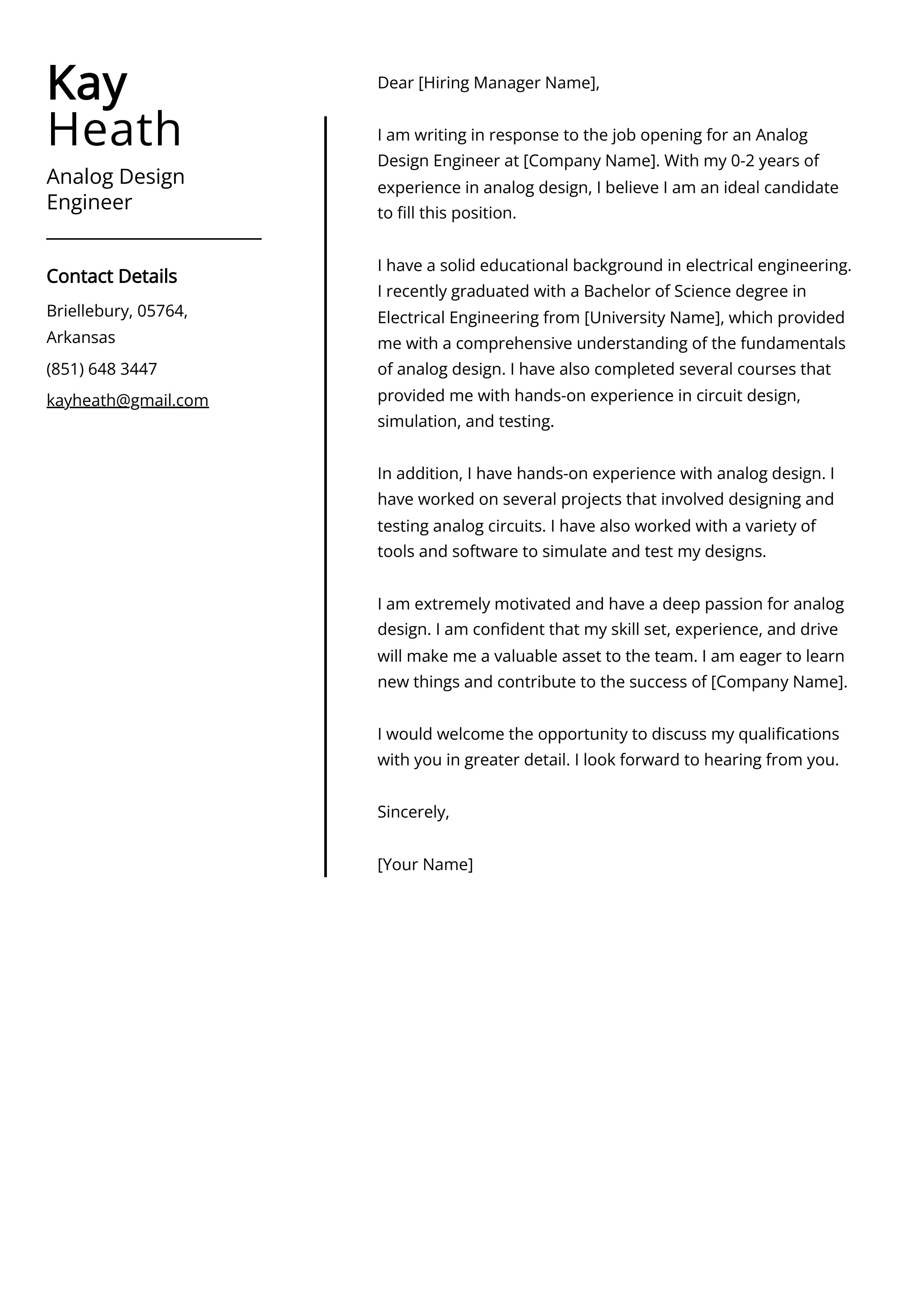 Analog Design Engineer Cover Letter Example