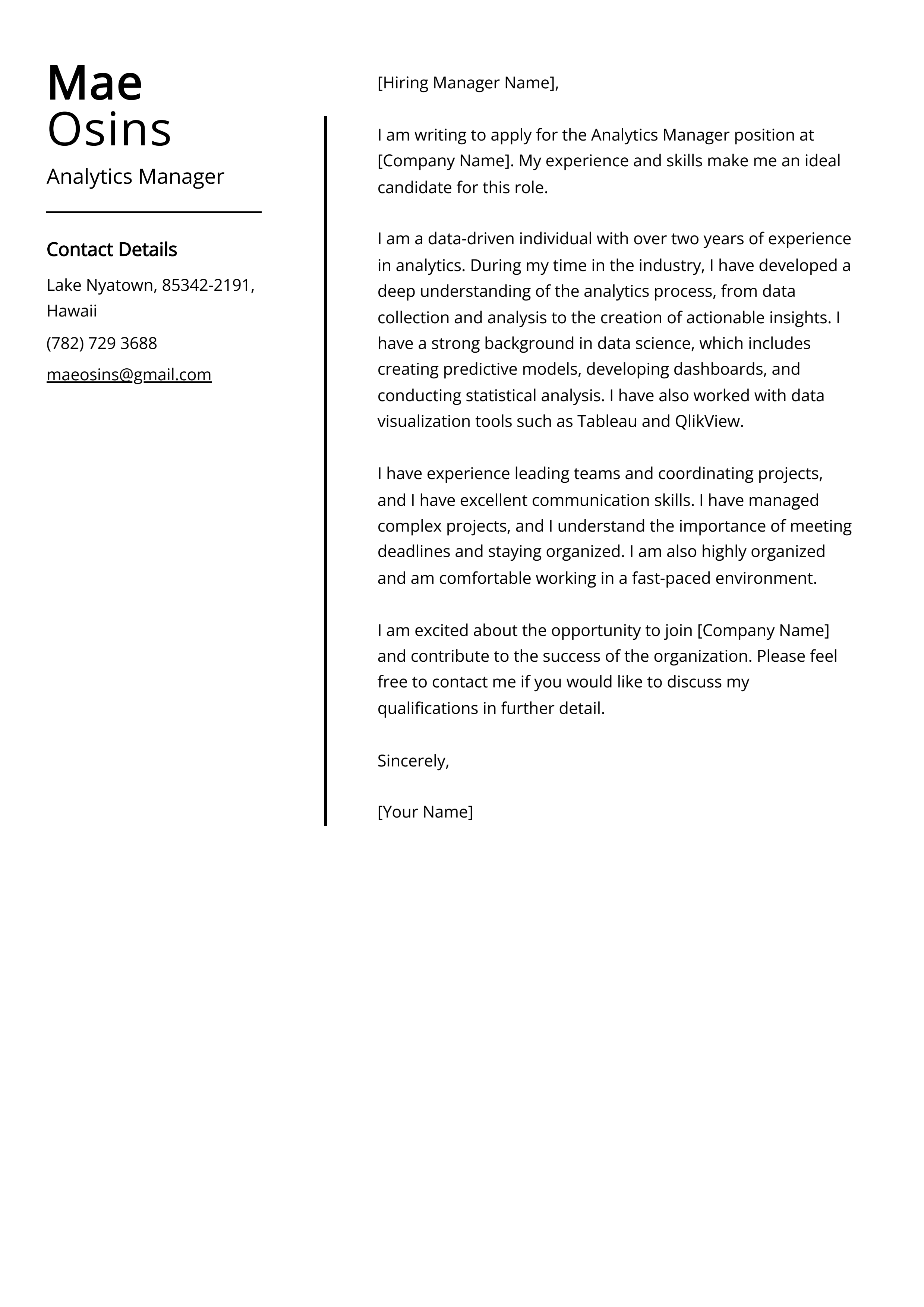 Analytics Manager Cover Letter Example